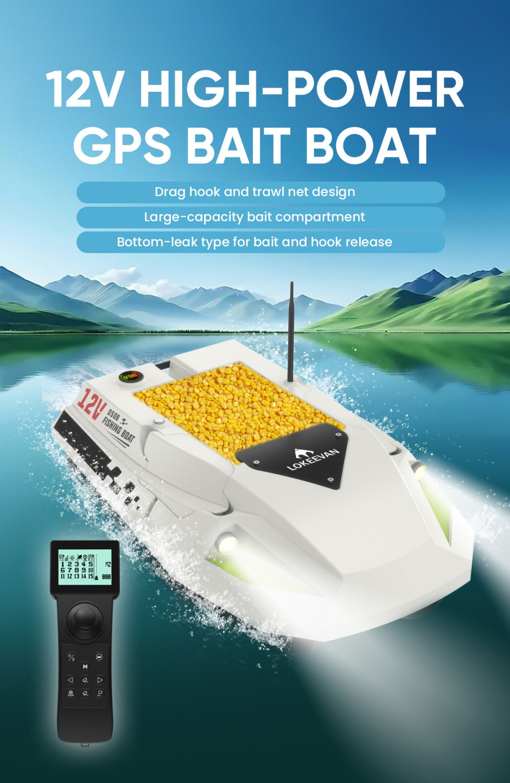 LOKEEVAN D50B GPS-Futterboot mit Fernbedienung, 12-V-Doppelmotor mit hohem Drehmoment, GPS- und Beidou-Positionierung, 500-m-Fernsteuerung, 2-kg-Köderbehälter, zwei 15600-mAh-Akkus, automatischer Rücklauf, Schleppnetz- und Schlepphakenhalterung – Weiß