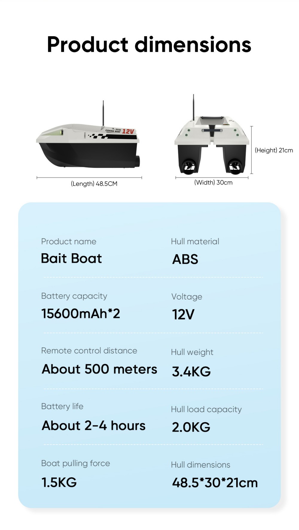 LOKEEVAN D50B GPS-Futterboot mit Fernbedienung, 12-V-Doppelmotor mit hohem Drehmoment, GPS- und Beidou-Positionierung, 500-m-Fernsteuerung, 2-kg-Köderbehälter, zwei 15600-mAh-Akkus, automatischer Rücklauf, Schleppnetz- und Schlepphakenhalterung – Weiß