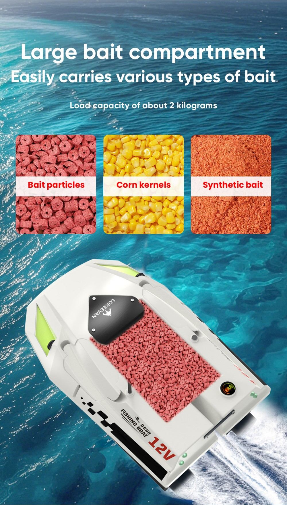 LOKEEVAN D50B GPS-Futterboot mit Fernbedienung, 12-V-Doppelmotor mit hohem Drehmoment, GPS- und Beidou-Positionierung, 500-m-Fernsteuerung, 2-kg-Köderbehälter, zwei 15600-mAh-Akkus, automatischer Rücklauf, Schleppnetz- und Schlepphakenhalterung – Weiß