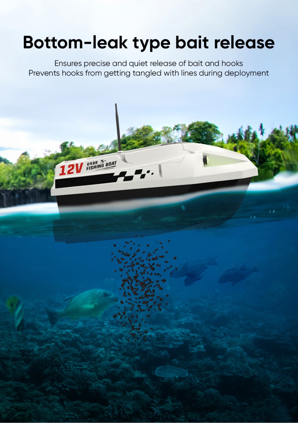 LOKEEVAN D50B GPS-Futterboot mit Fernbedienung, 12-V-Doppelmotor mit hohem Drehmoment, GPS- und Beidou-Positionierung, 500-m-Fernsteuerung, 2-kg-Köderbehälter, zwei 15600-mAh-Akkus, automatischer Rücklauf, Schleppnetz- und Schlepphakenhalterung – Weiß