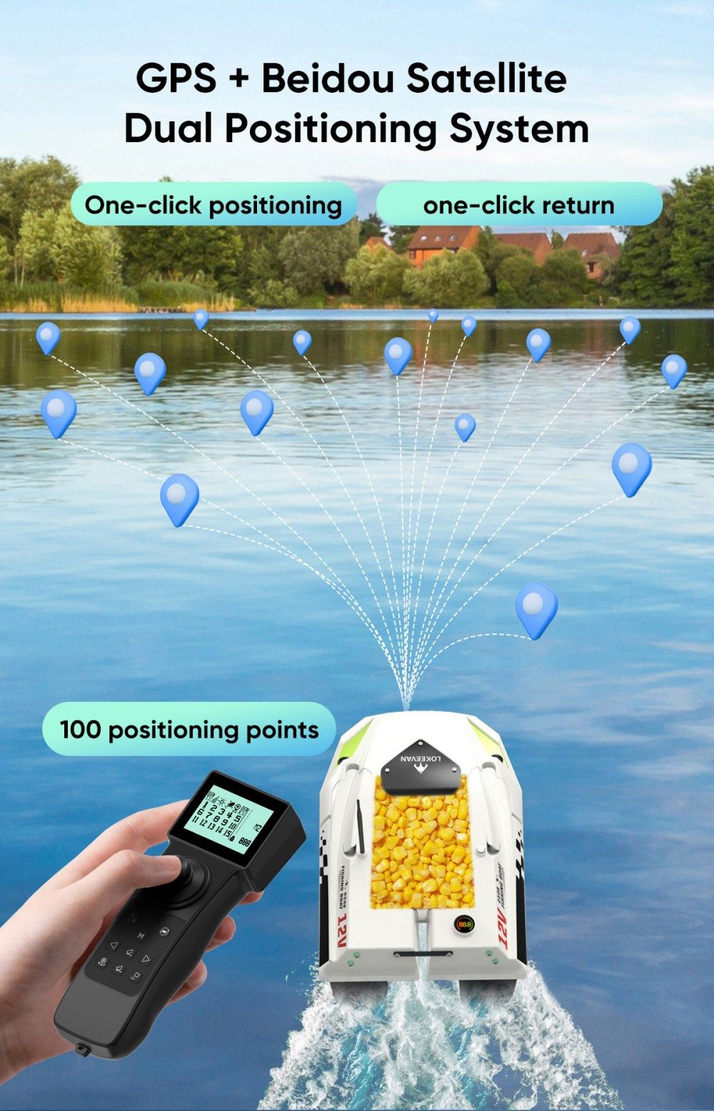 LOKEEVAN D50B GPS-Futterboot mit Fernbedienung, 12-V-Doppelmotor mit hohem Drehmoment, GPS- und Beidou-Positionierung, 500-m-Fernsteuerung, 2-kg-Köderbehälter, zwei 15600-mAh-Akkus, automatischer Rücklauf, Schleppnetz- und Schlepphakenhalterung – Weiß