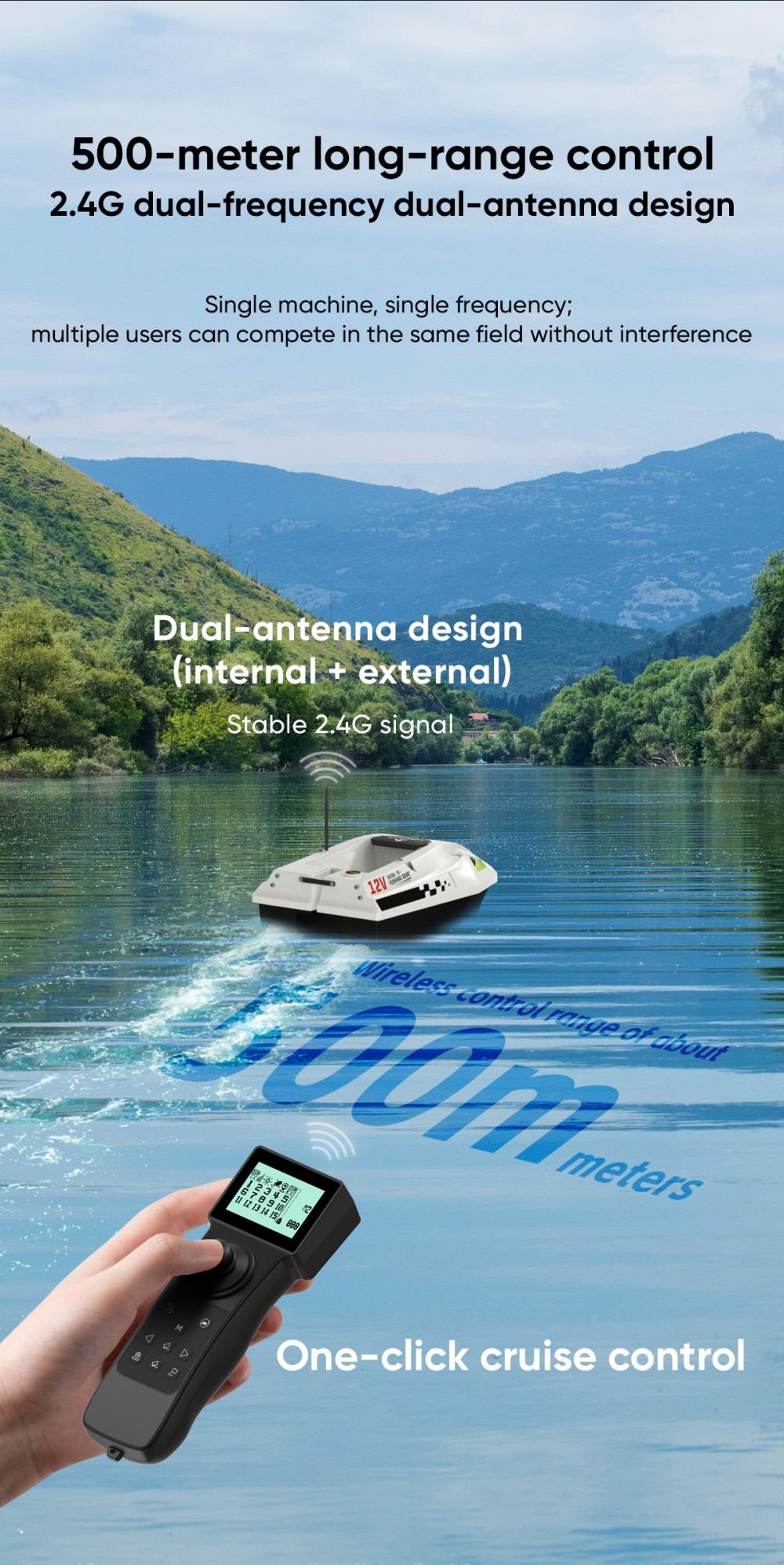 LOKEEVAN D50B GPS-Futterboot mit Fernbedienung, 12-V-Doppelmotor mit hohem Drehmoment, GPS- und Beidou-Positionierung, 500-m-Fernsteuerung, 2-kg-Köderbehälter, zwei 15600-mAh-Akkus, automatischer Rücklauf, Schleppnetz- und Schlepphakenhalterung – Weiß