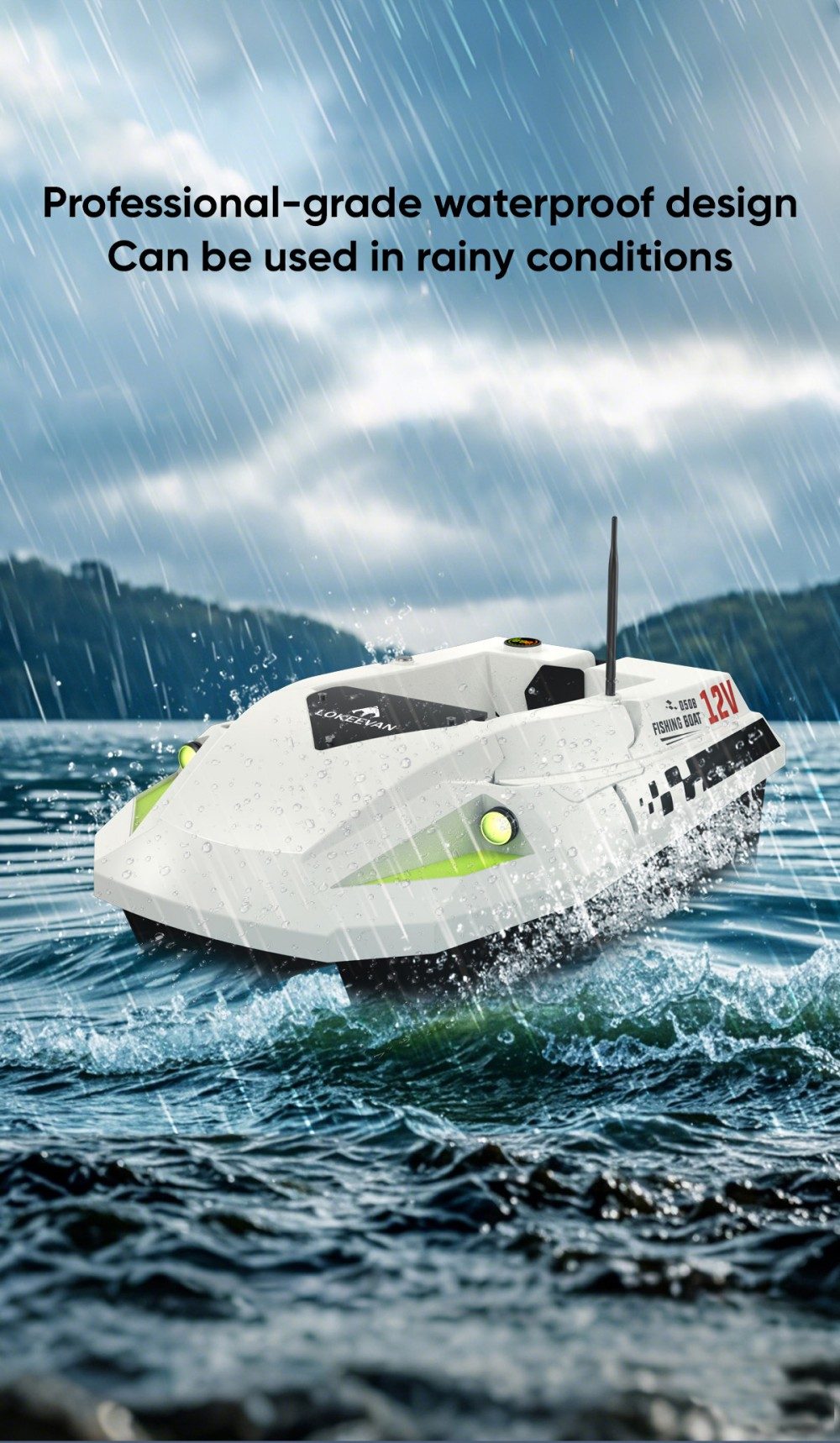 LOKEEVAN D50B GPS-Futterboot mit Fernbedienung, 12-V-Doppelmotor mit hohem Drehmoment, GPS- und Beidou-Positionierung, 500-m-Fernsteuerung, 2-kg-Köderbehälter, zwei 15600-mAh-Akkus, automatischer Rücklauf, Schleppnetz- und Schlepphakenhalterung – Weiß