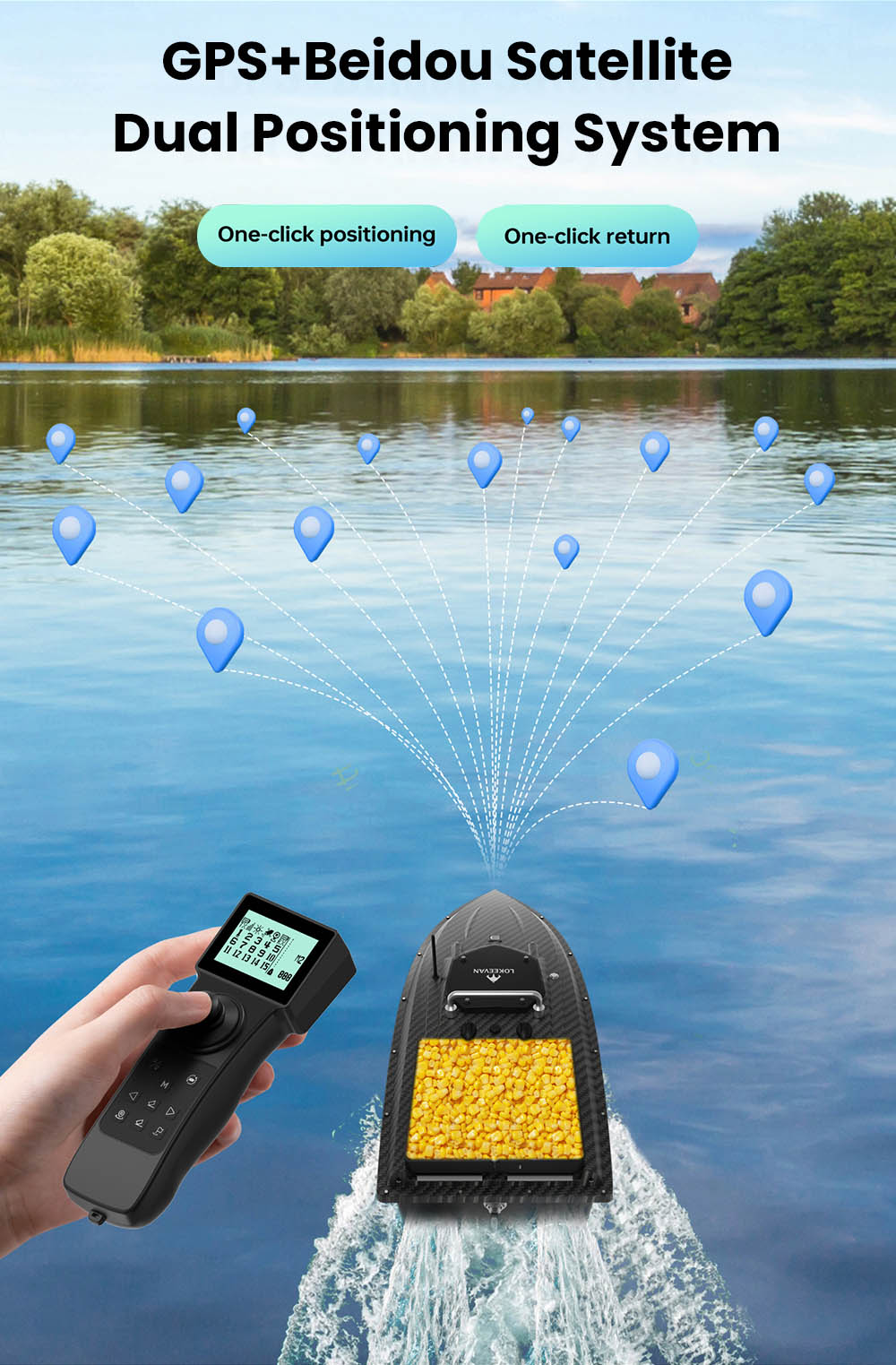 LOKEEVAN D80B GPS RC horgászcsali csónak, kettős 795 motor, 3,6 m/s sebesség, 3 kg vontatóerő, 2 kg csalitartály, GPS + Beidou pozicionálás, 500 m-es távirányító, automatikus visszatérés, sebességtartó automatika, vízálló hajótest - fekete
