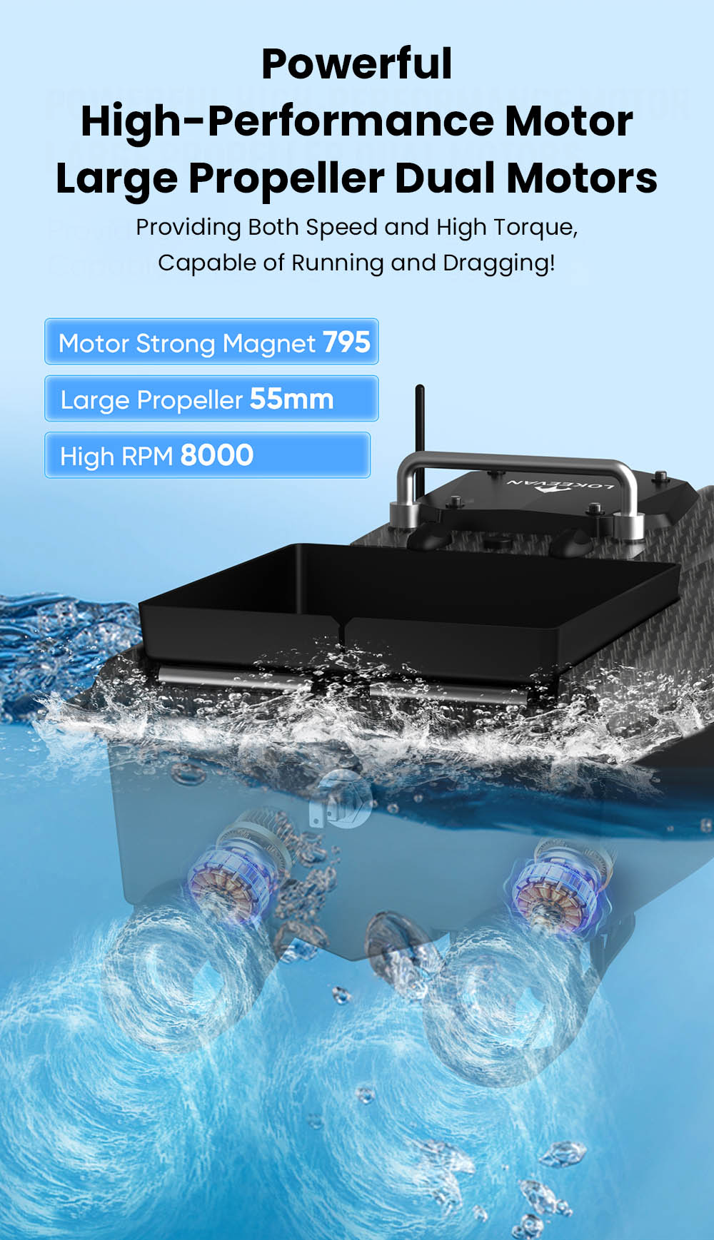 LOKEEVAN D80B GPS RC horgászcsali csónak, kettős 795 motor, 3,6 m/s sebesség, 3 kg vontatóerő, 2 kg csalitartály, GPS + Beidou pozicionálás, 500 m-es távirányító, automatikus visszatérés, sebességtartó automatika, vízálló hajótest - fekete