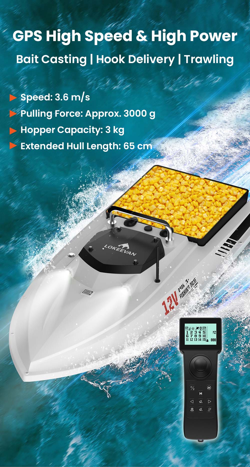 LOKEEVAN D80B GPS-Futterboot mit zwei 795-Motoren, 3,6 m/s Geschwindigkeit, 3 kg Zugkraft, 2 kg Futterbehälter, GPS- und Beidou-Positionierung, 500 m Reichweite der Fernbedienung, automatische Rückkehr, Tempomat, wasserdichter Rumpf – Weiß