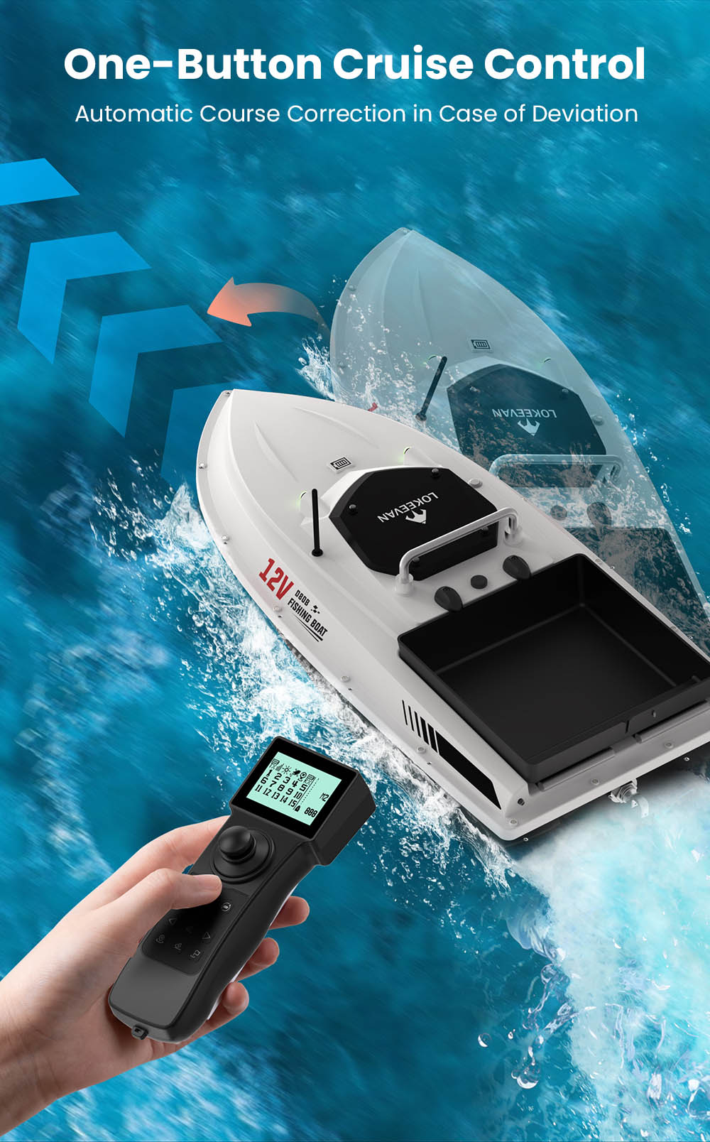 LOKEEVAN D80B GPS-Futterboot mit zwei 795-Motoren, 3,6 m/s Geschwindigkeit, 3 kg Zugkraft, 2 kg Futterbehälter, GPS- und Beidou-Positionierung, 500 m Reichweite der Fernbedienung, automatische Rückkehr, Tempomat, wasserdichter Rumpf – Weiß