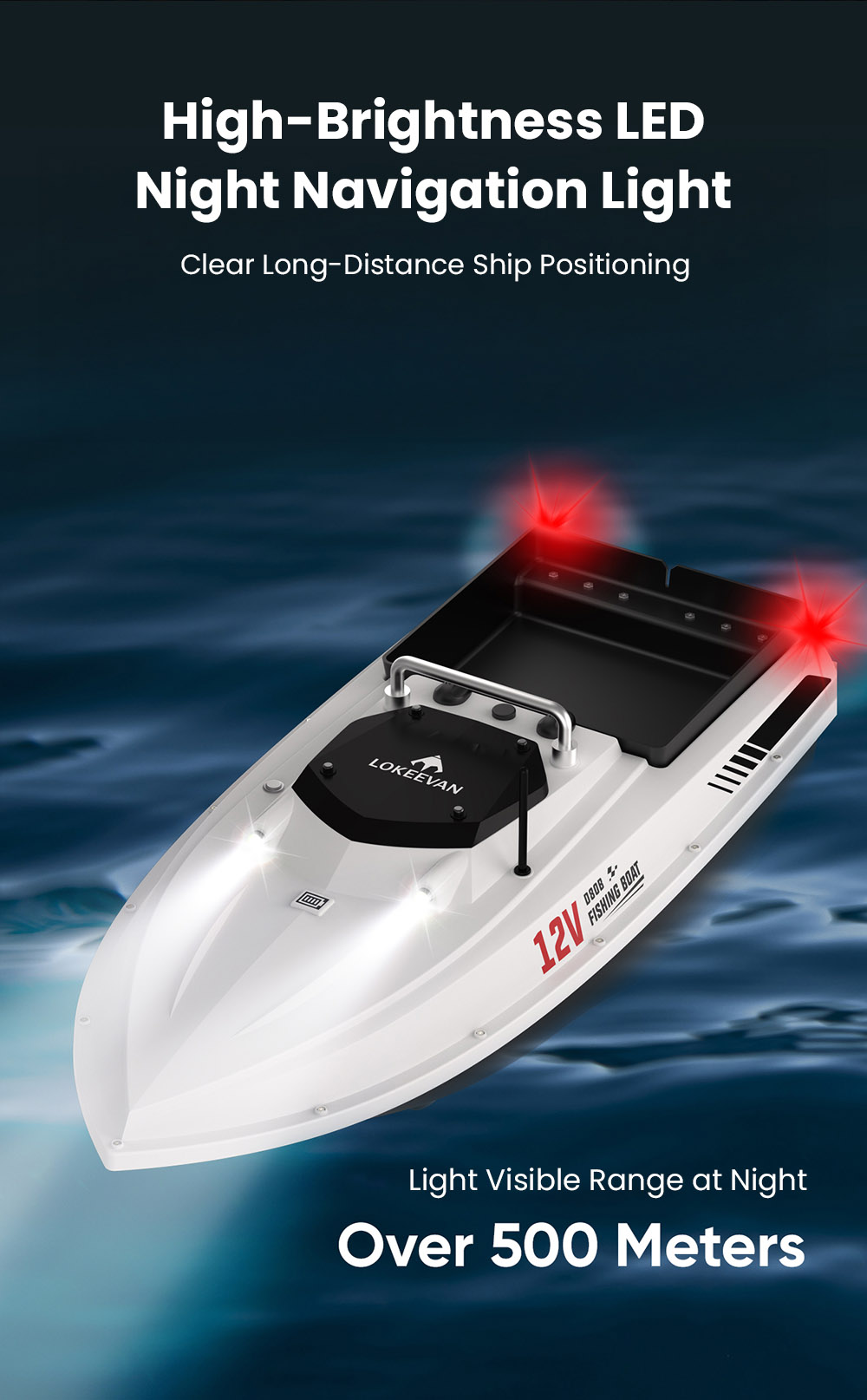 LOKEEVAN D80B GPS-Futterboot mit zwei 795-Motoren, 3,6 m/s Geschwindigkeit, 3 kg Zugkraft, 2 kg Futterbehälter, GPS- und Beidou-Positionierung, 500 m Reichweite der Fernbedienung, automatische Rückkehr, Tempomat, wasserdichter Rumpf – Weiß