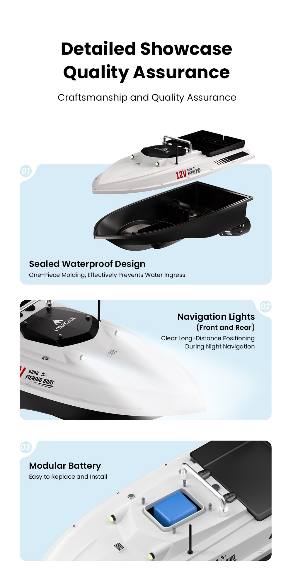 LOKEEVAN D80B GPS-Futterboot mit zwei 795-Motoren, 3,6 m/s Geschwindigkeit, 3 kg Zugkraft, 2 kg Futterbehälter, GPS- und Beidou-Positionierung, 500 m Reichweite der Fernbedienung, automatische Rückkehr, Tempomat, wasserdichter Rumpf – Weiß