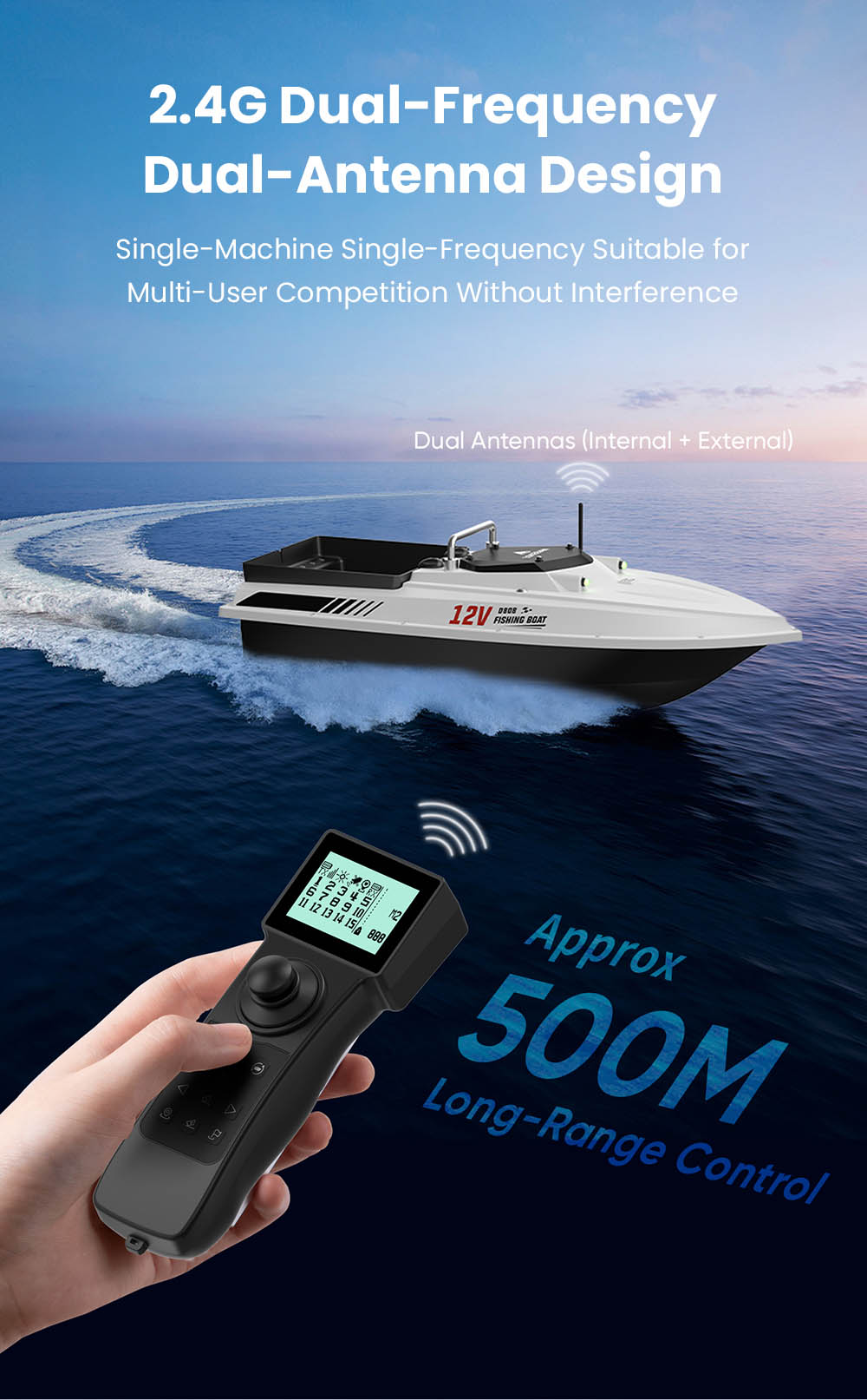LOKEEVAN D80B GPS-Futterboot mit zwei 795-Motoren, 3,6 m/s Geschwindigkeit, 3 kg Zugkraft, 2 kg Futterbehälter, GPS- und Beidou-Positionierung, 500 m Reichweite der Fernbedienung, automatische Rückkehr, Tempomat, wasserdichter Rumpf – Weiß