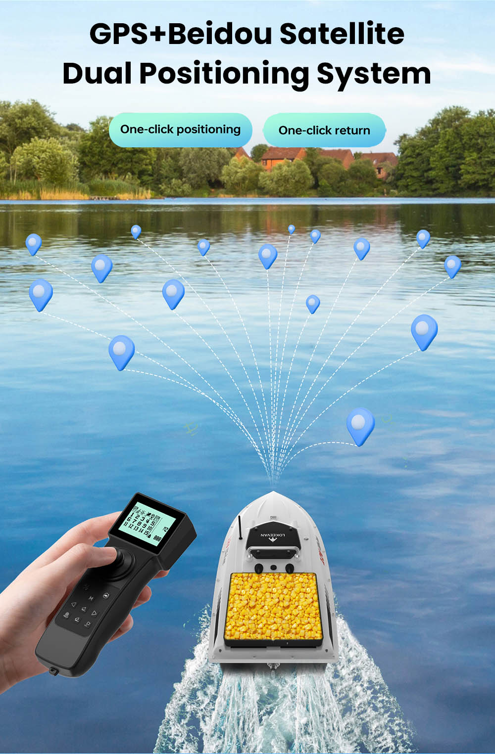 LOKEEVAN D80B GPS-Futterboot mit zwei 795-Motoren, 3,6 m/s Geschwindigkeit, 3 kg Zugkraft, 2 kg Futterbehälter, GPS- und Beidou-Positionierung, 500 m Reichweite der Fernbedienung, automatische Rückkehr, Tempomat, wasserdichter Rumpf – Weiß
