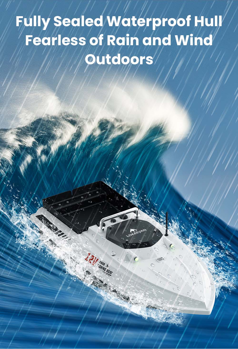 LOKEEVAN D80B GPS-Futterboot mit zwei 795-Motoren, 3,6 m/s Geschwindigkeit, 3 kg Zugkraft, 2 kg Futterbehälter, GPS- und Beidou-Positionierung, 500 m Reichweite der Fernbedienung, automatische Rückkehr, Tempomat, wasserdichter Rumpf – Weiß
