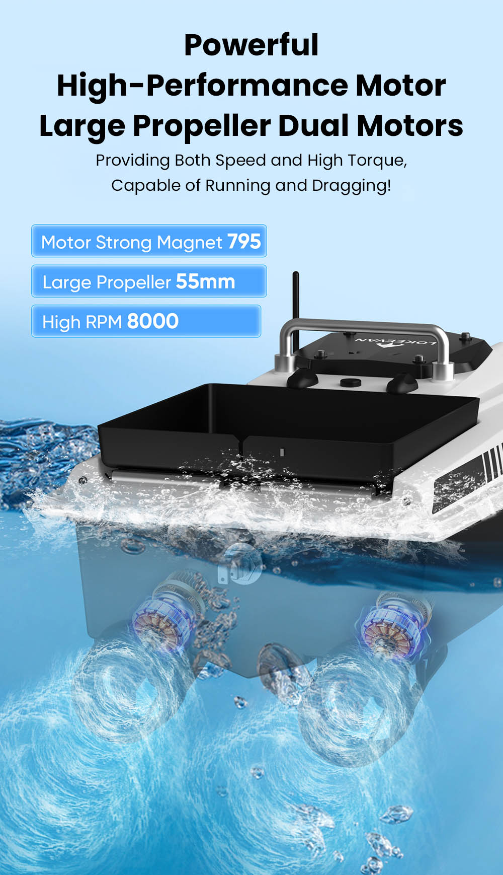 LOKEEVAN D80B GPS-Futterboot mit zwei 795-Motoren, 3,6 m/s Geschwindigkeit, 3 kg Zugkraft, 2 kg Futterbehälter, GPS- und Beidou-Positionierung, 500 m Reichweite der Fernbedienung, automatische Rückkehr, Tempomat, wasserdichter Rumpf – Weiß