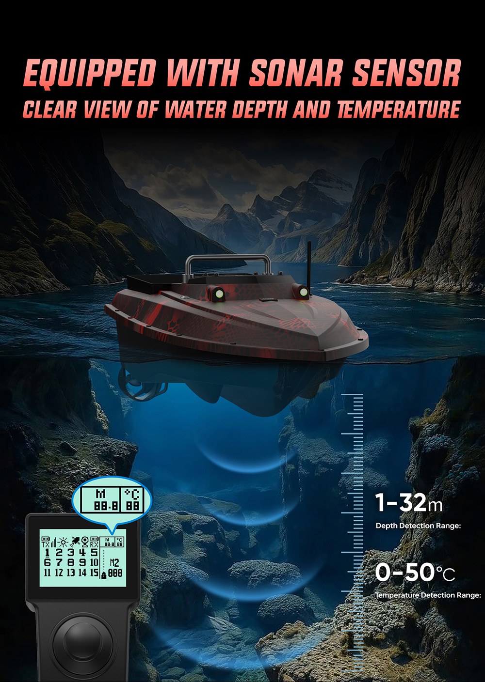 OKEEVAN D80E GPS-Futterboot mit Fernbedienung, zwei 795-Motoren, bis zu 4 m/s Geschwindigkeit, 3 kg Zugkraft, 3 kg Futterbehälter, GPS- und Beidou-Positionierung, 500 m Reichweite der Fernbedienung, Wassertiefen- und Temperaturerkennung, automatische Rückkehr, Tempomat – Rot