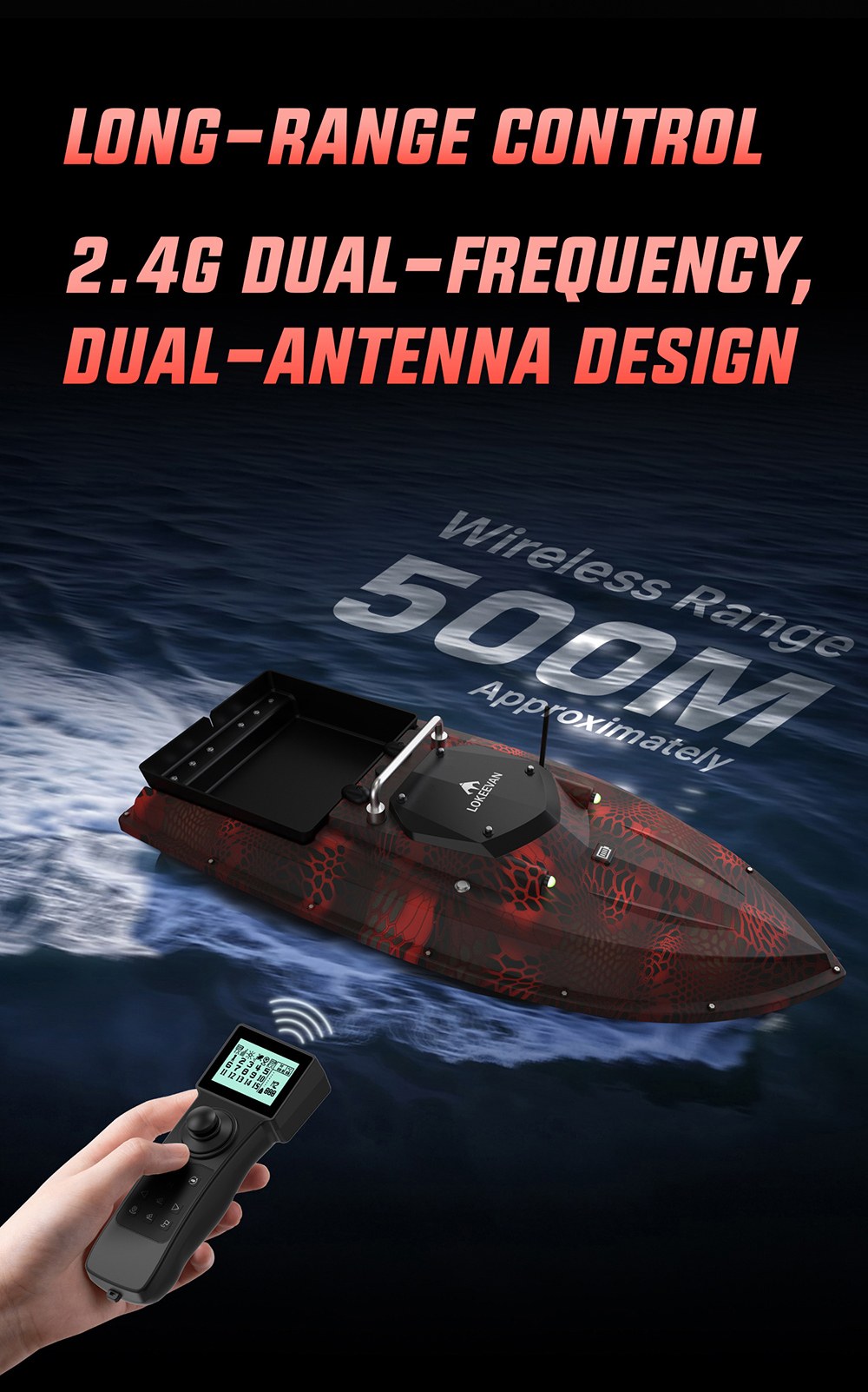 OKEEVAN D80E GPS-Futterboot mit Fernbedienung, zwei 795-Motoren, bis zu 4 m/s Geschwindigkeit, 3 kg Zugkraft, 3 kg Futterbehälter, GPS- und Beidou-Positionierung, 500 m Reichweite der Fernbedienung, Wassertiefen- und Temperaturerkennung, automatische Rückkehr, Tempomat – Rot
