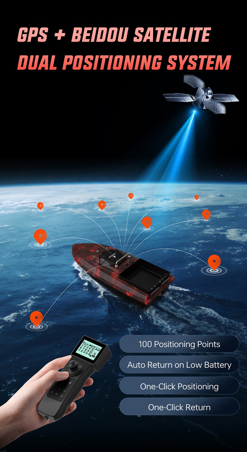 OKEEVAN D80E GPS-Futterboot mit Fernbedienung, zwei 795-Motoren, bis zu 4 m/s Geschwindigkeit, 3 kg Zugkraft, 3 kg Futterbehälter, GPS- und Beidou-Positionierung, 500 m Reichweite der Fernbedienung, Wassertiefen- und Temperaturerkennung, automatische Rückkehr, Tempomat – Rot
