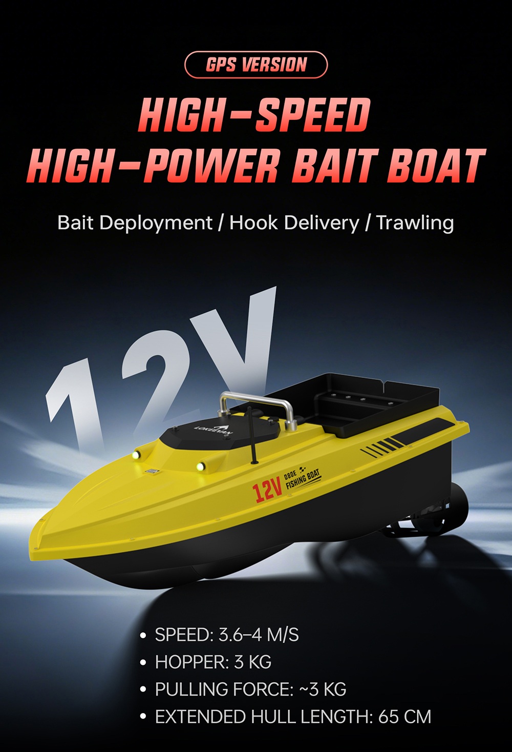 OKEEVAN D80E GPS-Futterboot mit Fernbedienung, zwei 795-Motoren, bis zu 4 m/s Geschwindigkeit, 3 kg Zugkraft, 3 kg Futterbehälter, GPS- und Beidou-Positionierung, 500 m Reichweite der Fernbedienung, Wassertiefen- und Temperaturerkennung, automatische Rückkehr, Tempomat – Gelb