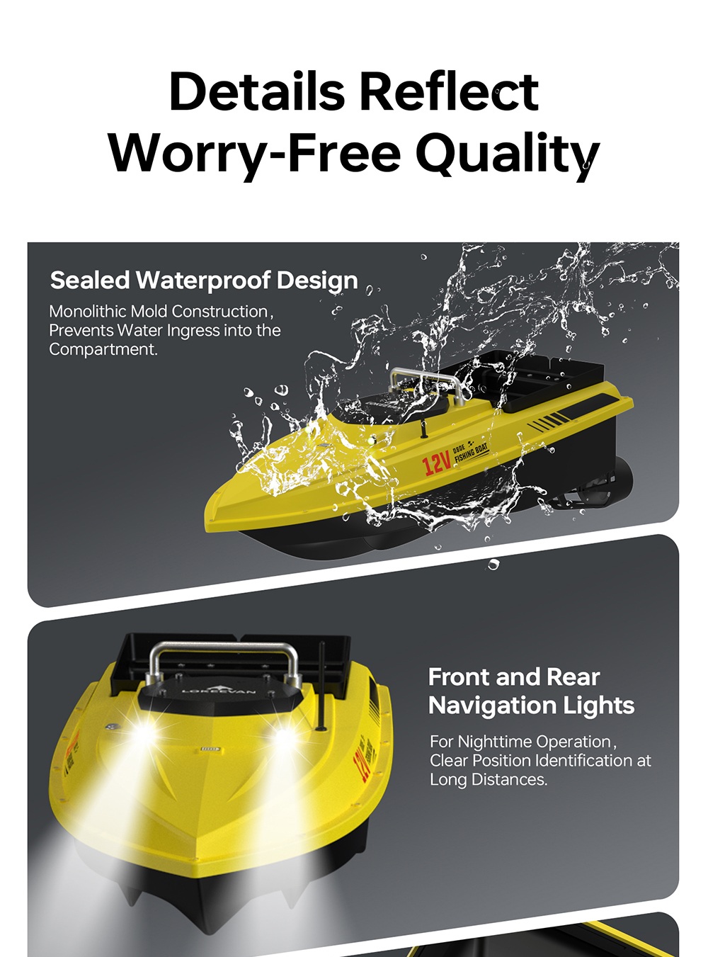 OKEEVAN D80E GPS-Futterboot mit Fernbedienung, zwei 795-Motoren, bis zu 4 m/s Geschwindigkeit, 3 kg Zugkraft, 3 kg Futterbehälter, GPS- und Beidou-Positionierung, 500 m Reichweite der Fernbedienung, Wassertiefen- und Temperaturerkennung, automatische Rückkehr, Tempomat – Gelb