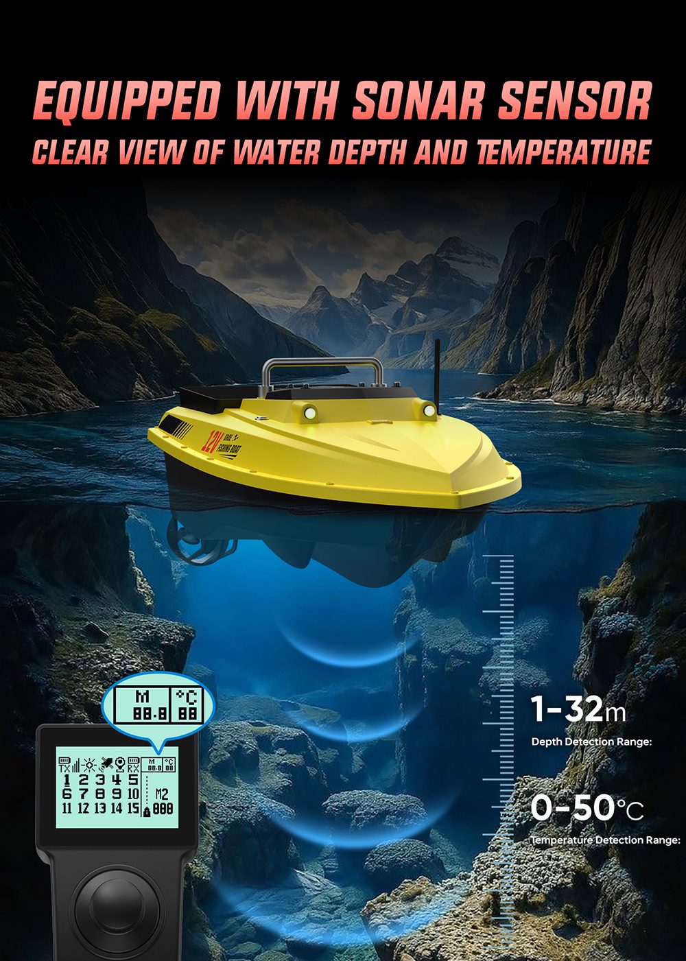 OKEEVAN D80E GPS-Futterboot mit Fernbedienung, zwei 795-Motoren, bis zu 4 m/s Geschwindigkeit, 3 kg Zugkraft, 3 kg Futterbehälter, GPS- und Beidou-Positionierung, 500 m Reichweite der Fernbedienung, Wassertiefen- und Temperaturerkennung, automatische Rückkehr, Tempomat – Gelb