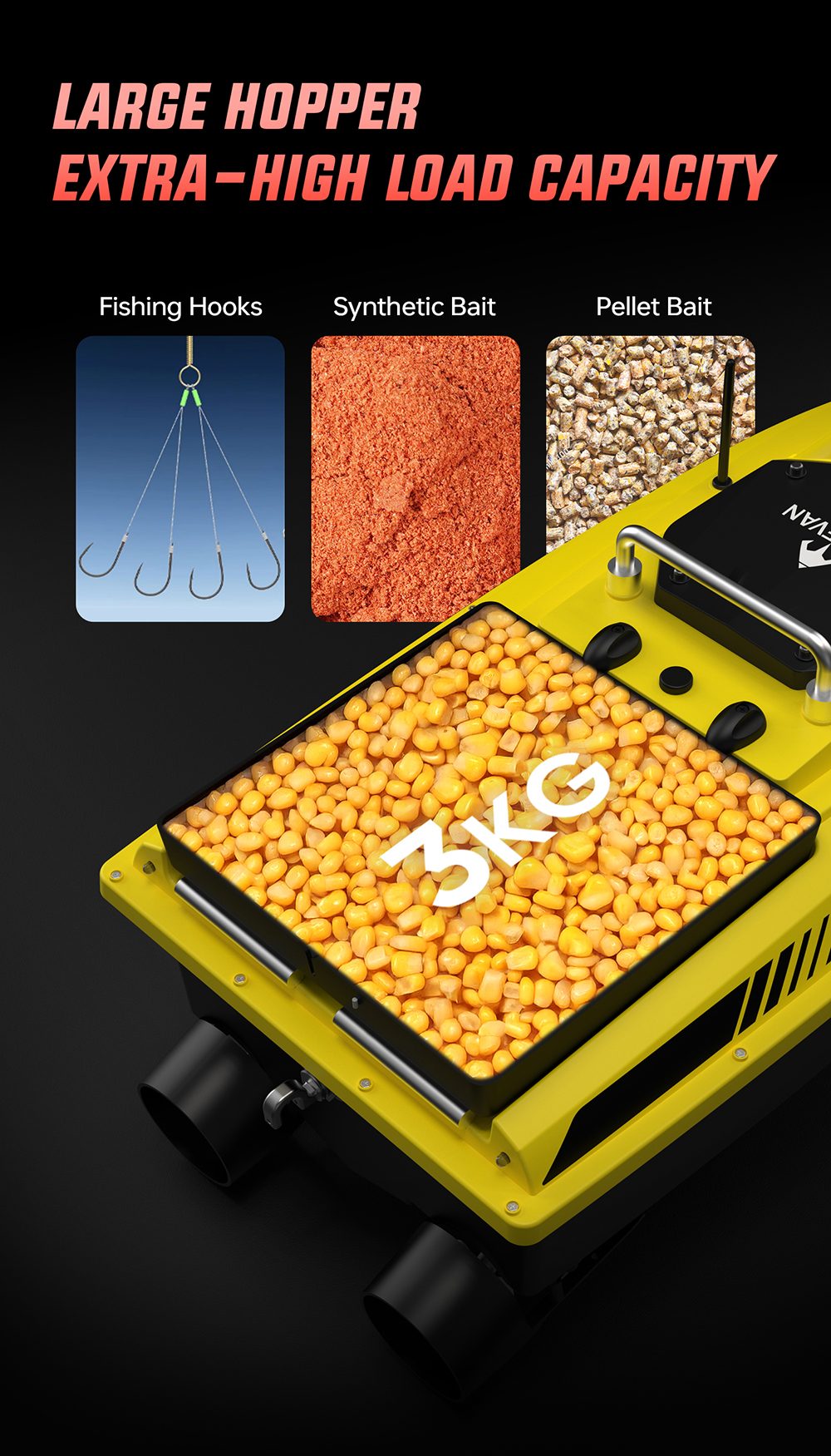 OKEEVAN D80E GPS-Futterboot mit Fernbedienung, zwei 795-Motoren, bis zu 4 m/s Geschwindigkeit, 3 kg Zugkraft, 3 kg Futterbehälter, GPS- und Beidou-Positionierung, 500 m Reichweite der Fernbedienung, Wassertiefen- und Temperaturerkennung, automatische Rückkehr, Tempomat – Gelb