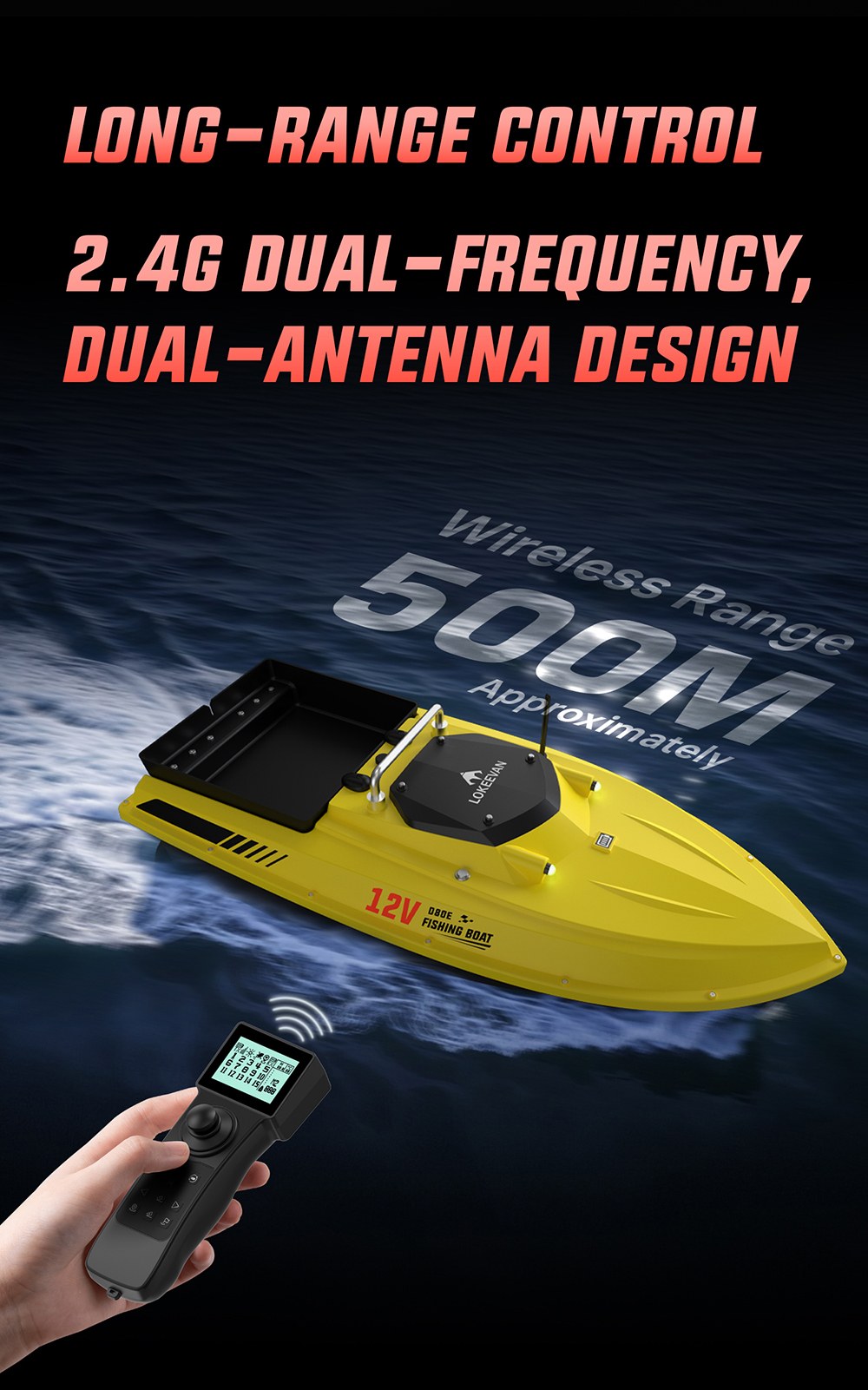 OKEEVAN D80E GPS-Futterboot mit Fernbedienung, zwei 795-Motoren, bis zu 4 m/s Geschwindigkeit, 3 kg Zugkraft, 3 kg Futterbehälter, GPS- und Beidou-Positionierung, 500 m Reichweite der Fernbedienung, Wassertiefen- und Temperaturerkennung, automatische Rückkehr, Tempomat – Gelb