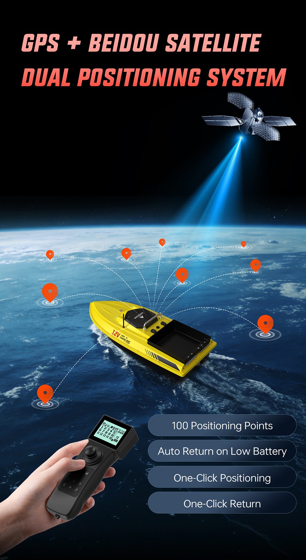 OKEEVAN D80E GPS-Futterboot mit Fernbedienung, zwei 795-Motoren, bis zu 4 m/s Geschwindigkeit, 3 kg Zugkraft, 3 kg Futterbehälter, GPS- und Beidou-Positionierung, 500 m Reichweite der Fernbedienung, Wassertiefen- und Temperaturerkennung, automatische Rückkehr, Tempomat – Gelb