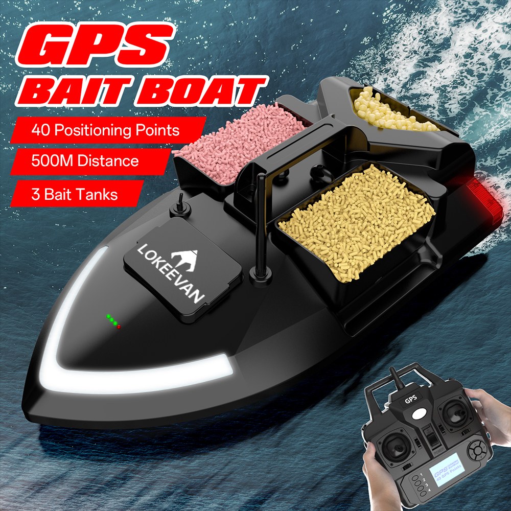 LOKEEVAN V020 GPS-Futterboot mit Fernbedienung, zwei Motoren, BDS + GPS-Satellitenpositionierung, 40 Wegpunkte, automatischer Fahrt, 2 kg Köderkapazität, 3 unabhängige Köderbehälter, 500 m Fernbedienung, automatische Rückkehr, windbeständiger Rumpf
