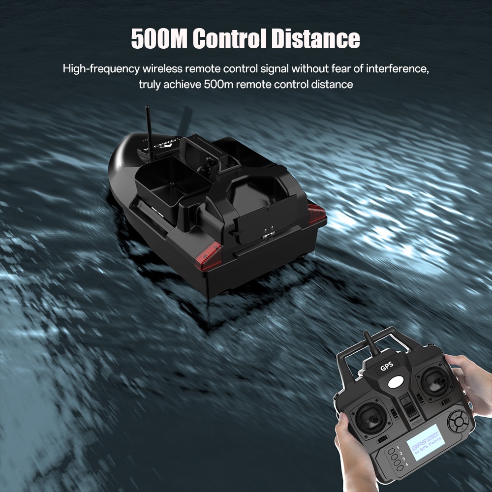 LOKEEVAN V020 GPS-Futterboot mit Fernbedienung, zwei Motoren, BDS + GPS-Satellitenpositionierung, 40 Wegpunkte, automatischer Fahrt, 2 kg Köderkapazität, 3 unabhängige Köderbehälter, 500 m Fernbedienung, automatische Rückkehr, windbeständiger Rumpf