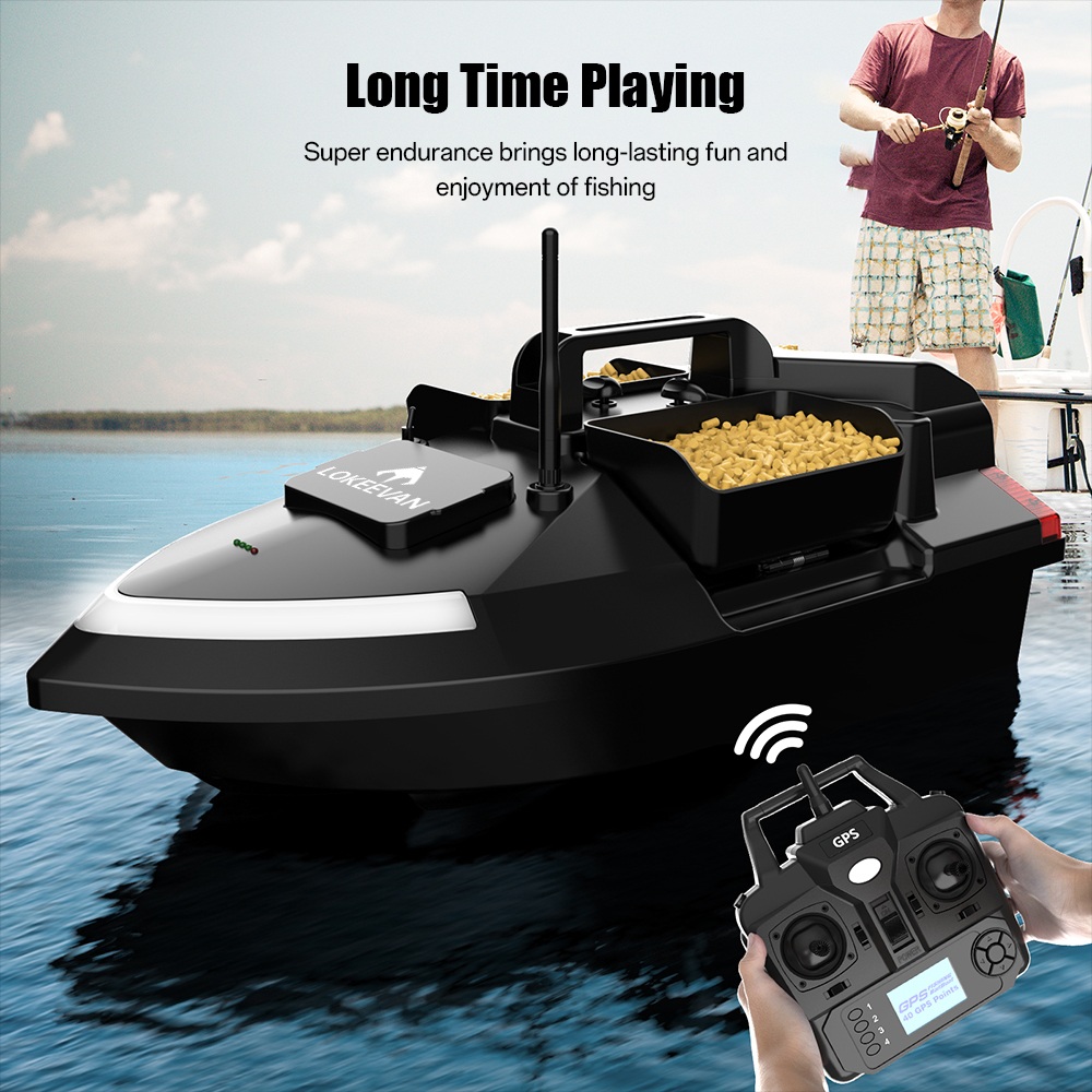 LOKEEVAN V020 GPS-Futterboot mit Fernbedienung, zwei Motoren, BDS + GPS-Satellitenpositionierung, 40 Wegpunkte, automatischer Fahrt, 2 kg Köderkapazität, 3 unabhängige Köderbehälter, 500 m Fernbedienung, automatische Rückkehr, windbeständiger Rumpf