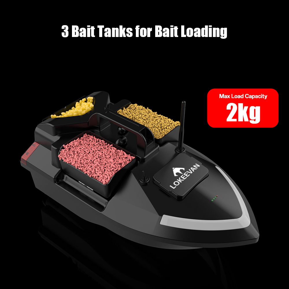 LOKEEVAN V020 GPS-Futterboot mit Fernbedienung, zwei Motoren, BDS + GPS-Satellitenpositionierung, 40 Wegpunkte, automatischer Fahrt, 2 kg Köderkapazität, 3 unabhängige Köderbehälter, 500 m Fernbedienung, automatische Rückkehr, windbeständiger Rumpf