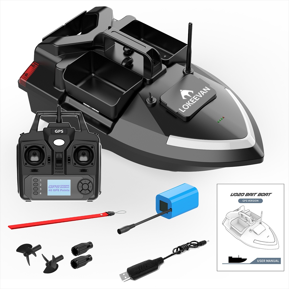 LOKEEVAN V020 GPS-Futterboot mit Fernbedienung, zwei Motoren, BDS + GPS-Satellitenpositionierung, 40 Wegpunkte, automatischer Fahrt, 2 kg Köderkapazität, 3 unabhängige Köderbehälter, 500 m Fernbedienung, automatische Rückkehr, windbeständiger Rumpf