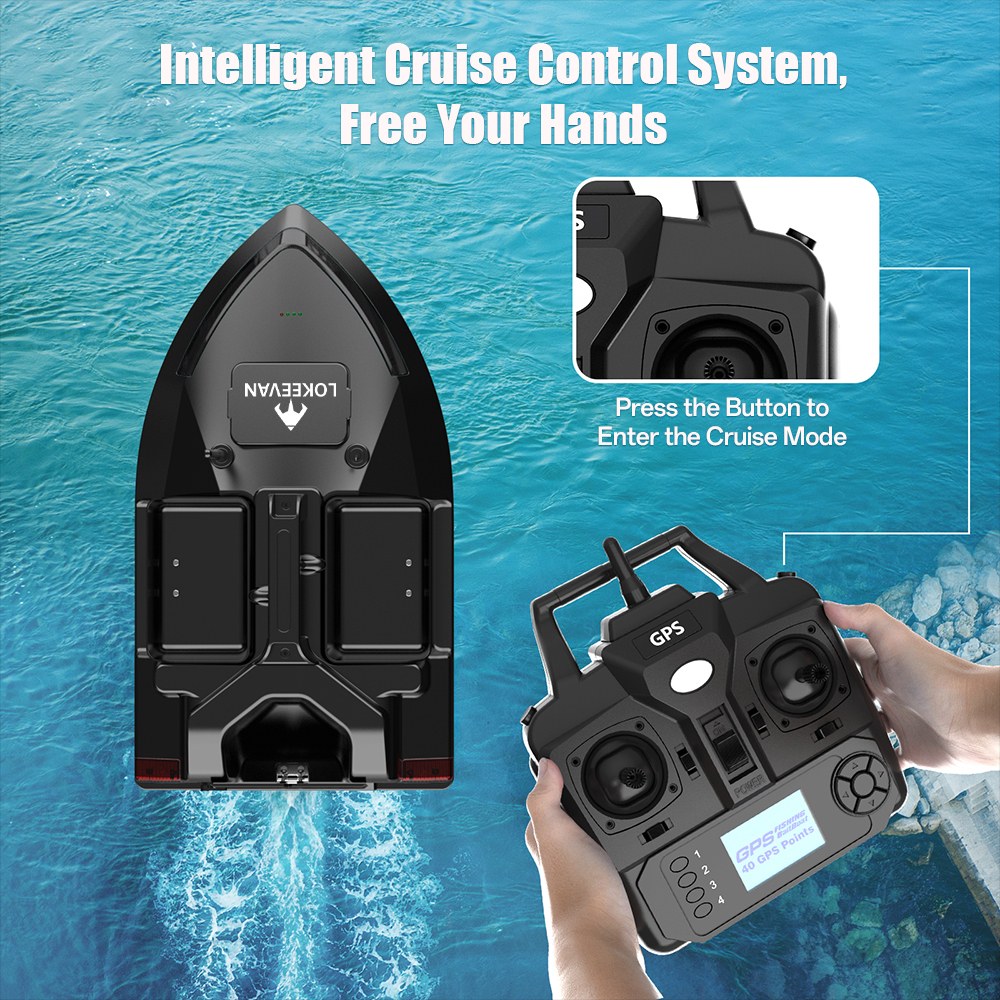 LOKEEVAN V020 GPS-Futterboot mit Fernbedienung, zwei Motoren, BDS + GPS-Satellitenpositionierung, 40 Wegpunkte, automatischer Fahrt, 2 kg Köderkapazität, 3 unabhängige Köderbehälter, 500 m Fernbedienung, automatische Rückkehr, windbeständiger Rumpf