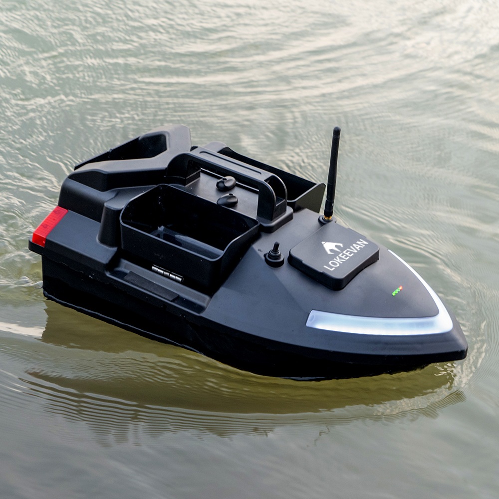 LOKEEVAN V020 GPS-Futterboot mit Fernbedienung, zwei Motoren, BDS + GPS-Satellitenpositionierung, 40 Wegpunkte, automatischer Fahrt, 2 kg Köderkapazität, 3 unabhängige Köderbehälter, 500 m Fernbedienung, automatische Rückkehr, windbeständiger Rumpf