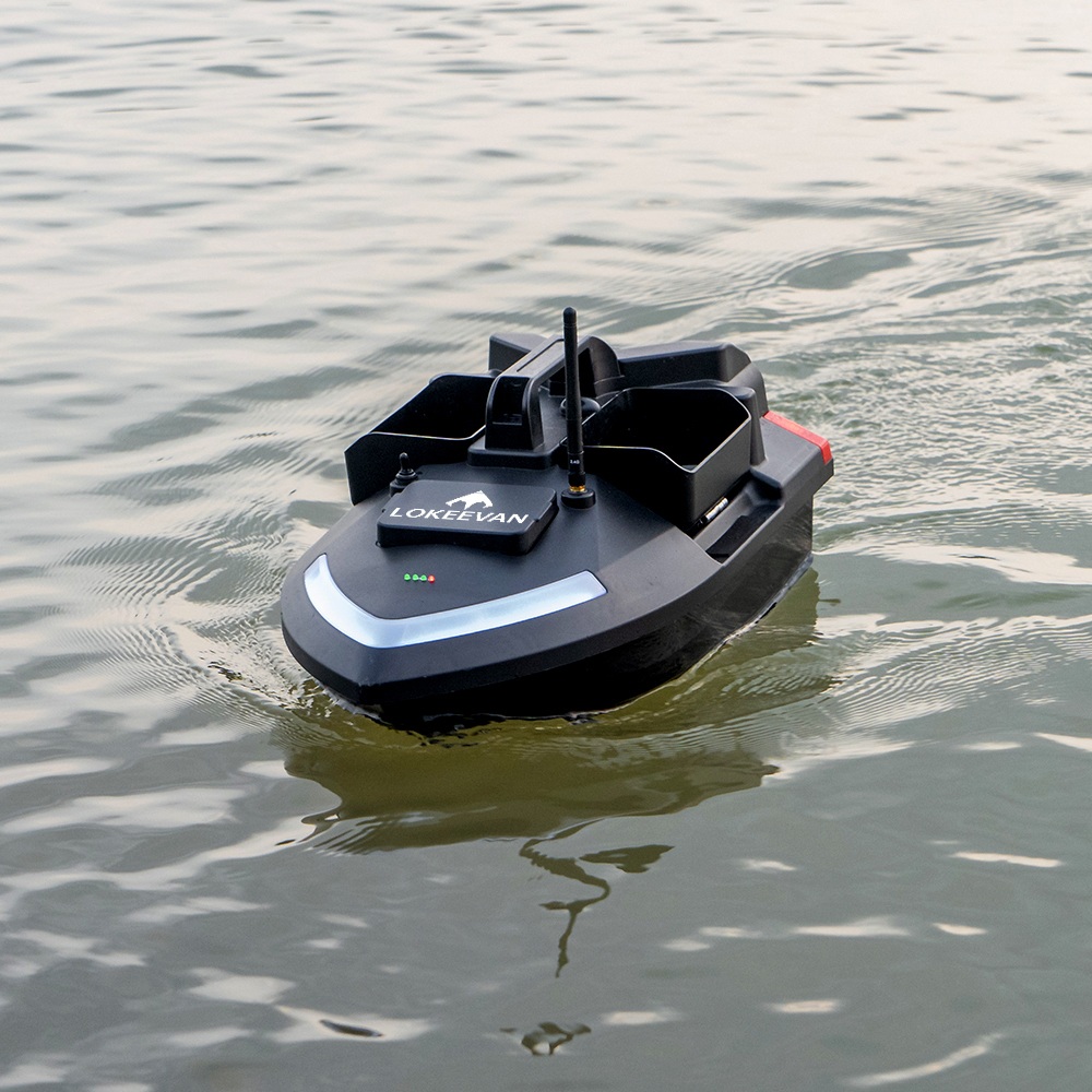 LOKEEVAN V020 GPS-Futterboot mit Fernbedienung, zwei Motoren, BDS + GPS-Satellitenpositionierung, 40 Wegpunkte, automatischer Fahrt, 2 kg Köderkapazität, 3 unabhängige Köderbehälter, 500 m Fernbedienung, automatische Rückkehr, windbeständiger Rumpf