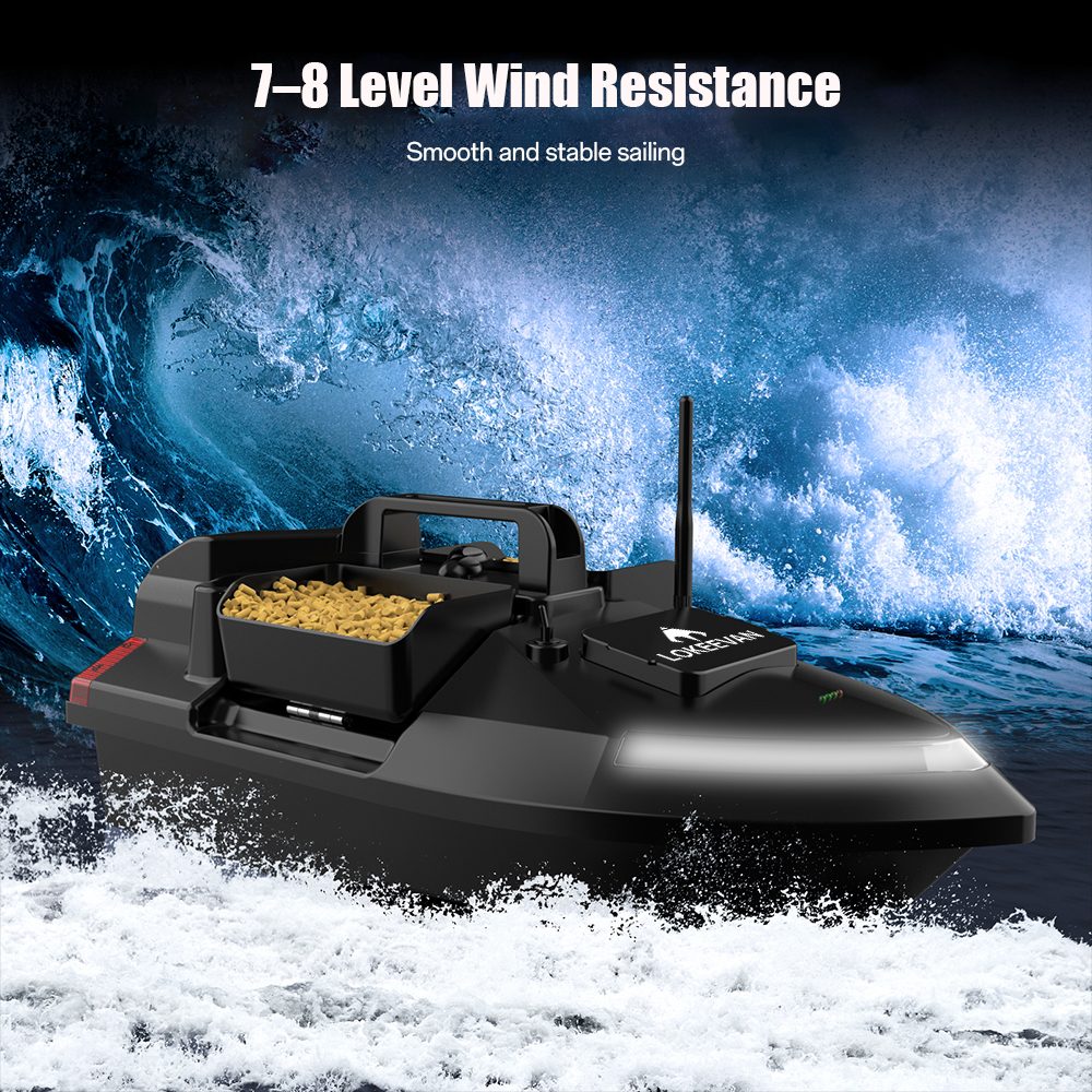 LOKEEVAN V020 GPS-Futterboot mit Fernbedienung, zwei Motoren, BDS + GPS-Satellitenpositionierung, 40 Wegpunkte, automatischer Fahrt, 2 kg Köderkapazität, 3 unabhängige Köderbehälter, 500 m Fernbedienung, automatische Rückkehr, windbeständiger Rumpf