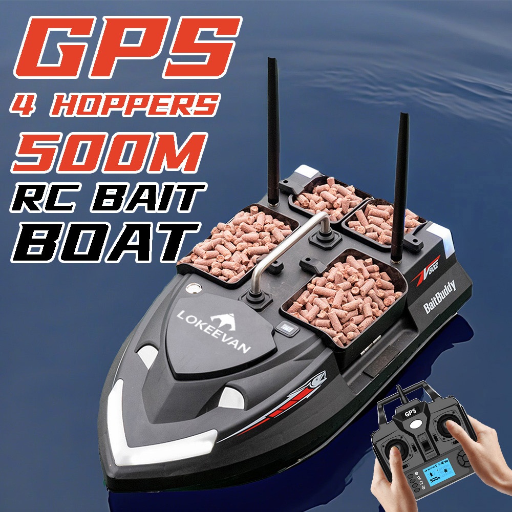 LOKEEVAN V802 Pro Smart GPS Fishing Bait Boat, GPS + Beidou Navigation, 160 Waypoints, 3kg Bait Hopper, 4 Independent Bait Hoppers, 500m Long Range Remote Control, Dual Battery Support, Auto Cruise & Return - Black