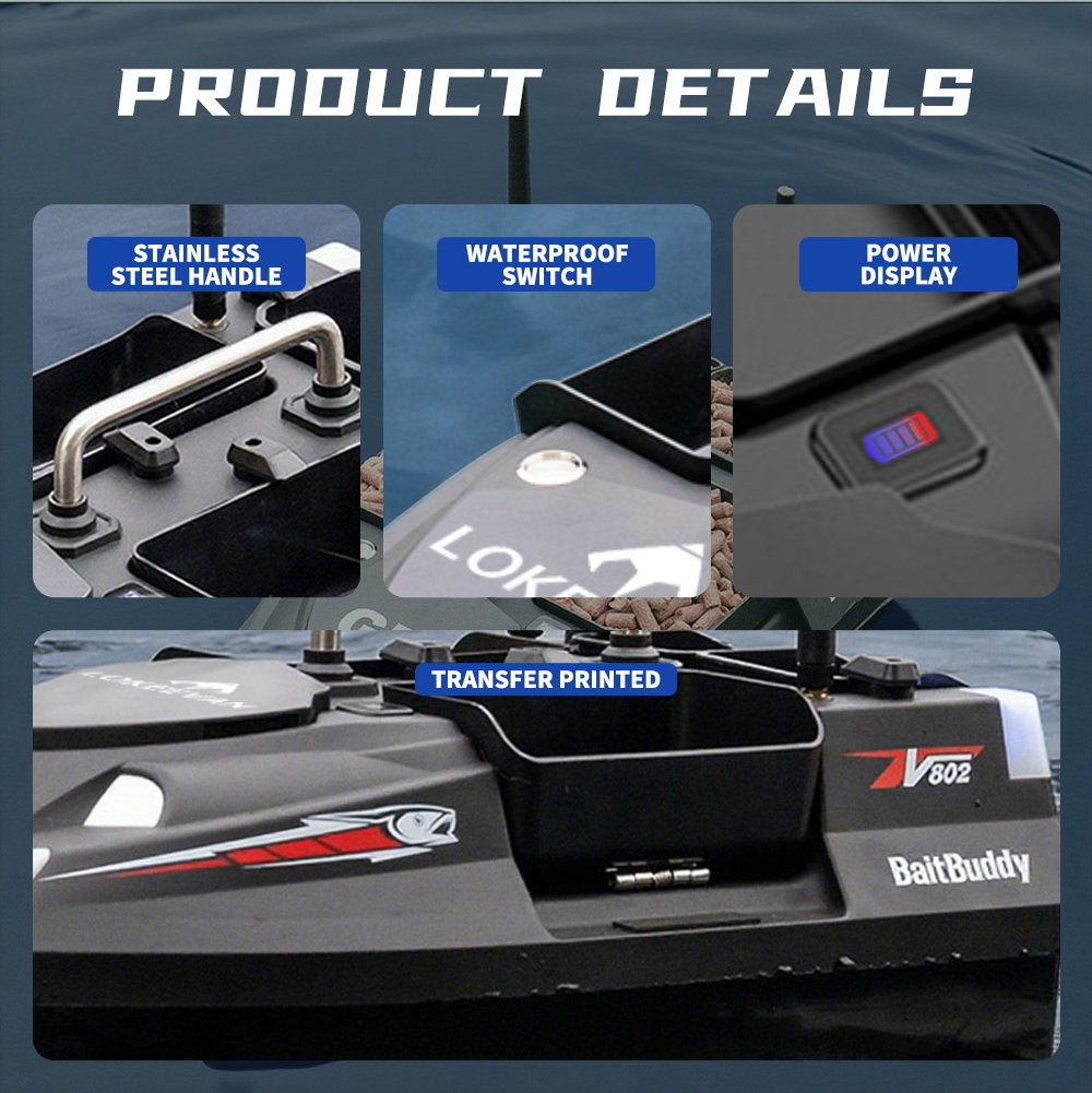 LOKEEVAN V802 Pro Smart GPS Fishing Bait Boat, GPS + Beidou Navigation, 160 Waypoints, 3kg Bait Hopper, 4 Independent Bait Hoppers, 500m Long Range Remote Control, Dual Battery Support, Auto Cruise & Return - Black