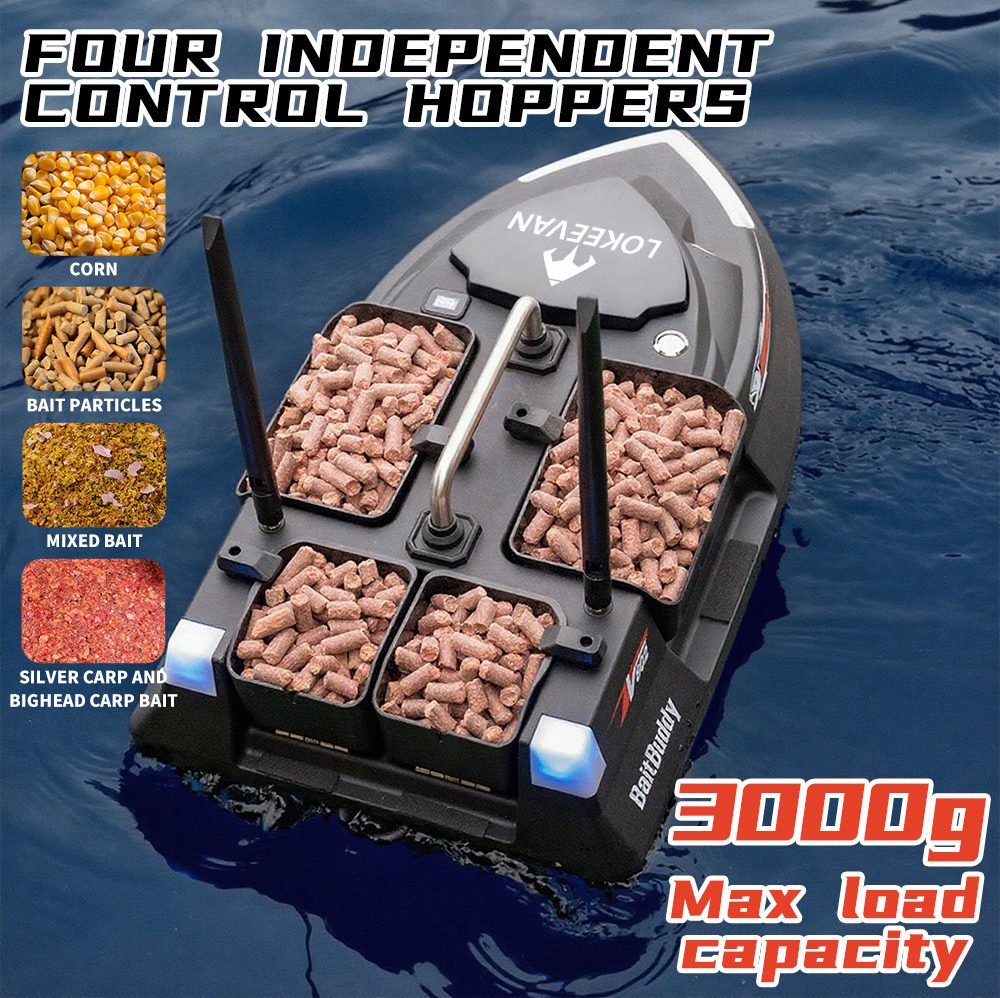 LOKEEVAN V802 Pro Smart GPS Fishing Bait Boat, GPS + Beidou Navigation, 160 Waypoints, 3kg Bait Hopper, 4 Independent Bait Hoppers, 500m Long Range Remote Control, Dual Battery Support, Auto Cruise & Return - Black