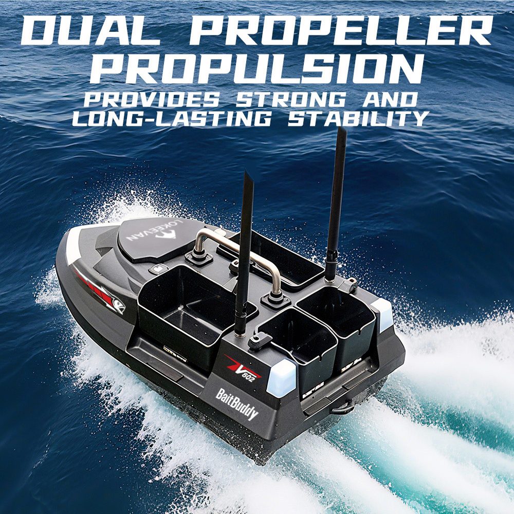 LOKEEVAN V802 Pro Smart GPS Fishing Bait Boat, GPS + Beidou Navigation, 160 Waypoints, 3kg Bait Hopper, 4 Independent Bait Hoppers, 500m Long Range Remote Control, Dual Battery Support, Auto Cruise & Return - Black