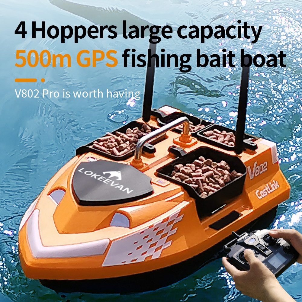 LOKEEVAN V802 Pro Smart GPS Fishing Bait Boat, GPS + Beidou Navigation, 160 Waypoints, 3kg Bait Hopper, 4 Independent Bait Hoppers, 500m Long Range Remote Control, Dual Battery Support, Auto Cruise & Return - Orange
