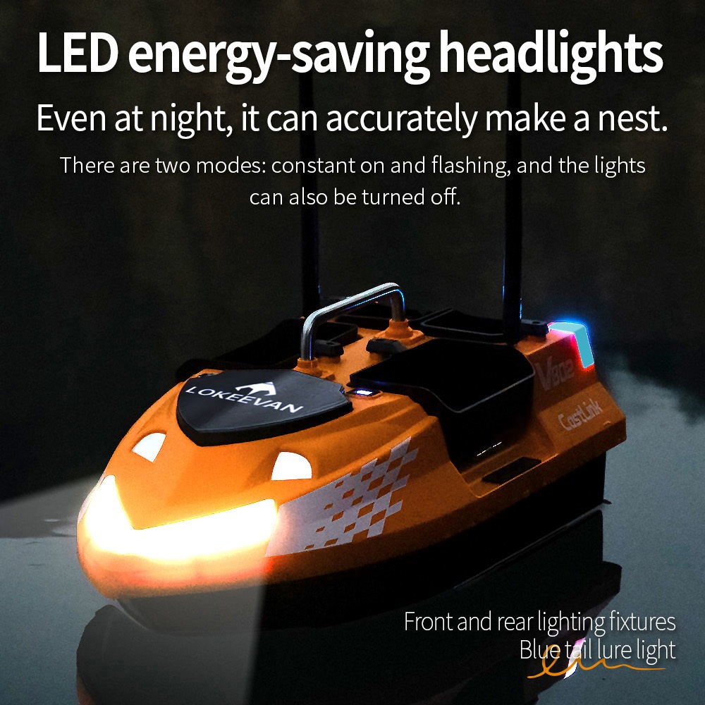 LOKEEVAN V802 Pro Smart GPS Fishing Bait Boat, GPS + Beidou Navigation, 160 Waypoints, 3kg Bait Hopper, 4 Independent Bait Hoppers, 500m Long Range Remote Control, Dual Battery Support, Auto Cruise & Return - Orange
