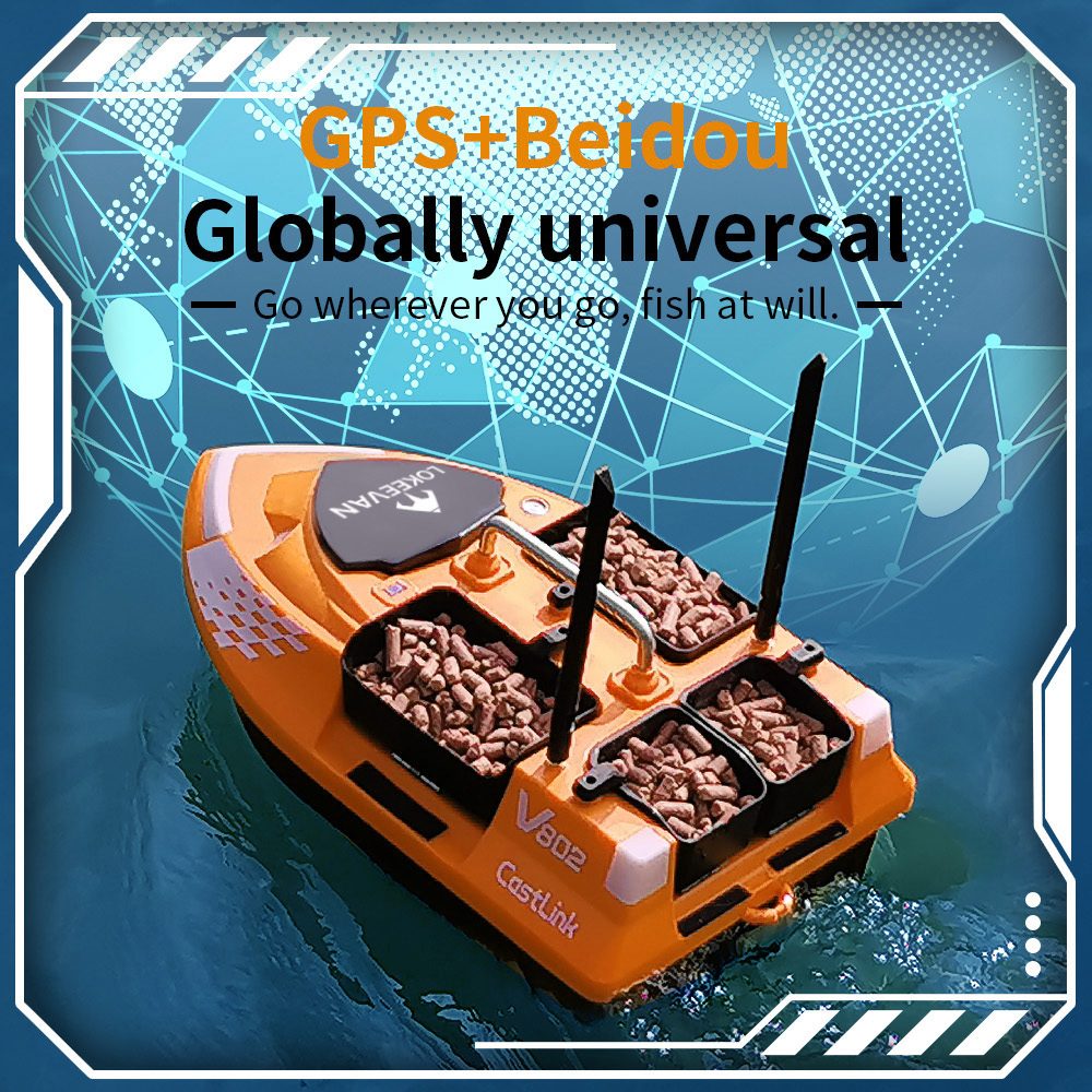 LOKEEVAN V802 Pro Smart GPS Fishing Bait Boat, GPS + Beidou Navigation, 160 Waypoints, 3kg Bait Hopper, 4 Independent Bait Hoppers, 500m Long Range Remote Control, Dual Battery Support, Auto Cruise & Return - Orange