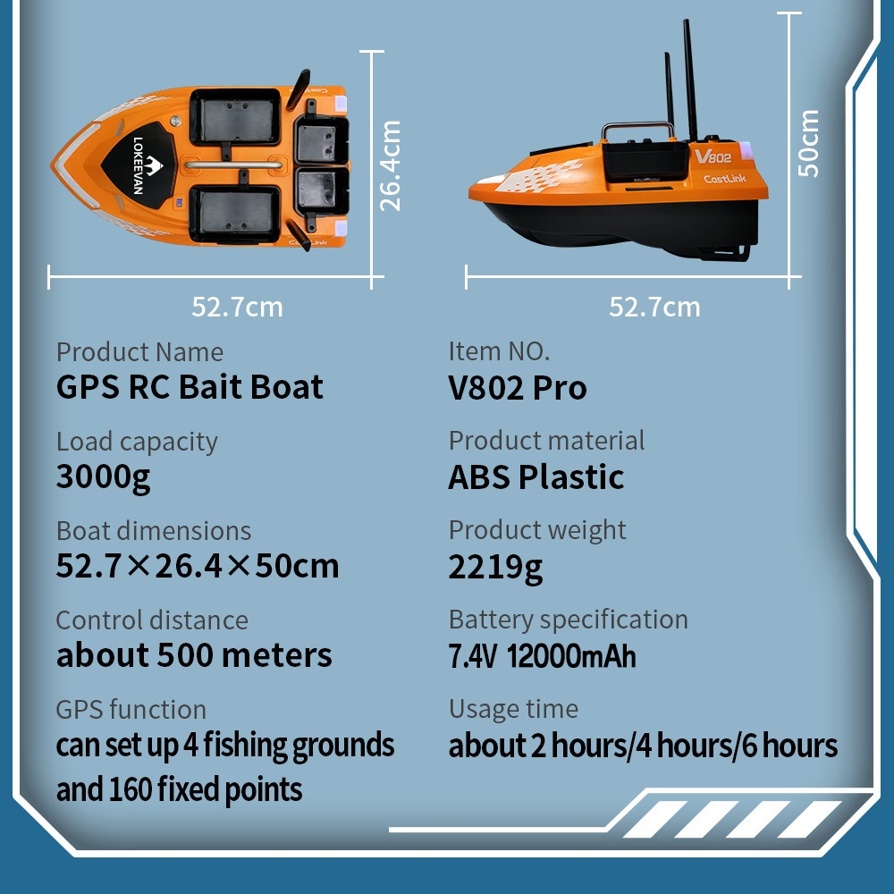 LOKEEVAN V802 Pro Smart GPS Fishing Bait Boat, GPS + Beidou Navigation, 160 Waypoints, 3kg Bait Hopper, 4 Independent Bait Hoppers, 500m Long Range Remote Control, Dual Battery Support, Auto Cruise & Return - Orange