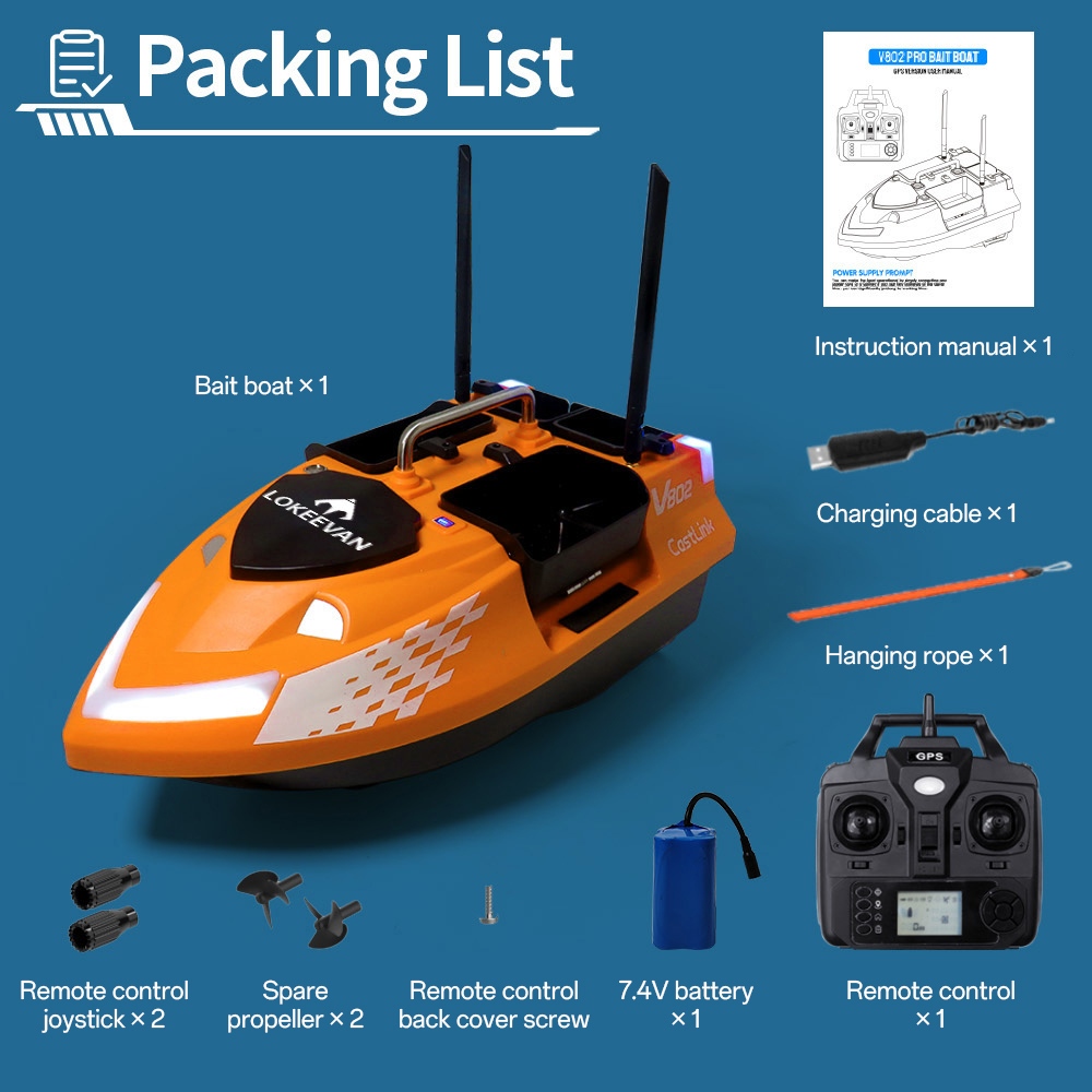 LOKEEVAN V802 Pro Smart GPS Fishing Bait Boat, GPS + Beidou Navigation, 160 Waypoints, 3kg Bait Hopper, 4 Independent Bait Hoppers, 500m Long Range Remote Control, Dual Battery Support, Auto Cruise & Return - Orange