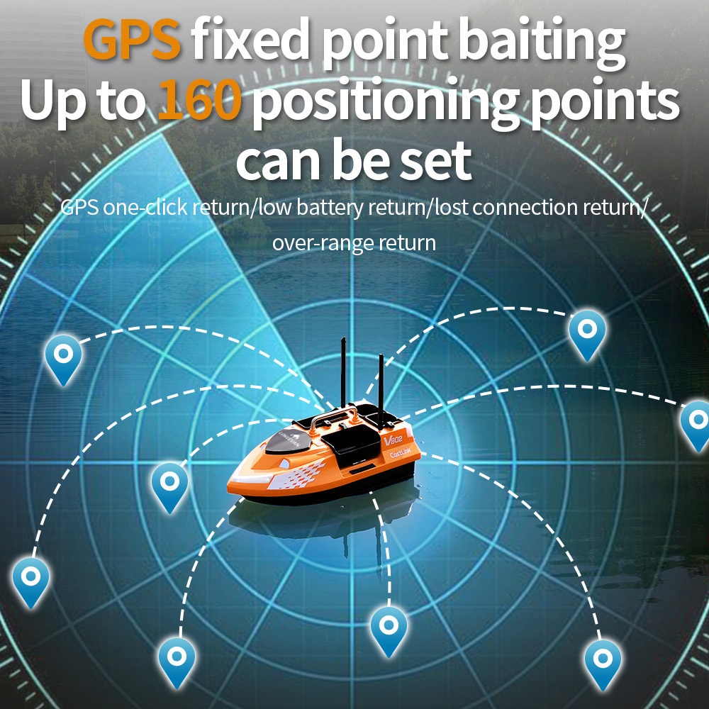 LOKEEVAN V802 Pro Smart GPS Fishing Bait Boat, GPS + Beidou Navigation, 160 Waypoints, 3kg Bait Hopper, 4 Independent Bait Hoppers, 500m Long Range Remote Control, Dual Battery Support, Auto Cruise & Return - Orange