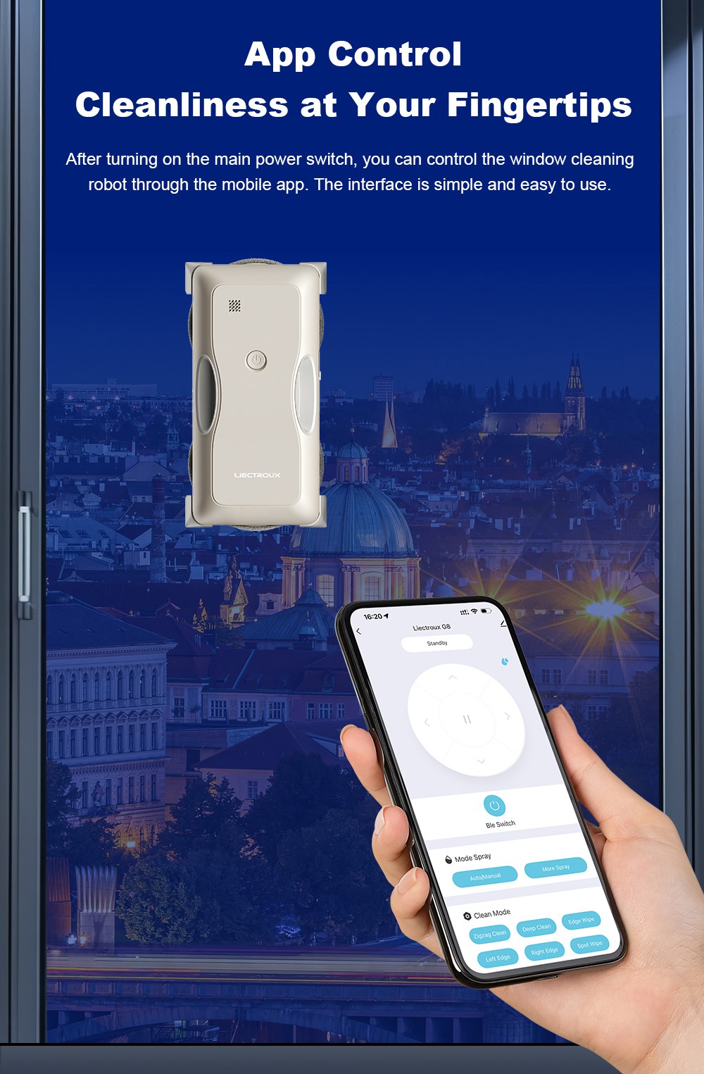 Liectroux G8 Window Cleaning Robot, 3000Pa Suction, 55N Downforce, Dry & Wet Mop, 3-in-1 Spray, Wipe & Squeegee Cleaning, 120mL Water Tank, App & Remote Control, 2-Way Water Spray, Bionic Edge & Corner Cleaning