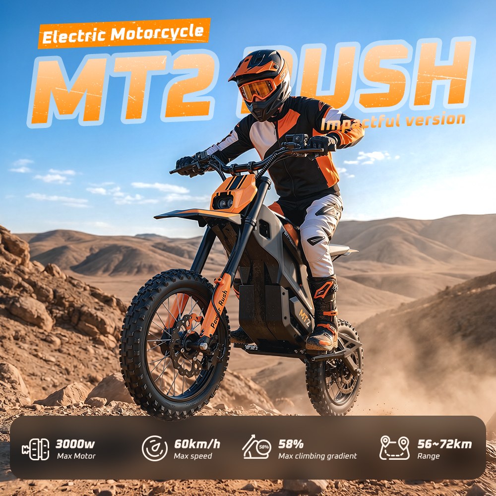 MT2 Electric Motorcycle, 3000W Peak Motor, 48V 22.5Ah Removable Battery, 220N·m Torque, 60km/h Max Speed, Up to 72km Range, 58% Climbing Grade, Dual Hydraulic Disc Brakes, Front & Rear Hydraulic Suspension, NFC Unlock - Orange