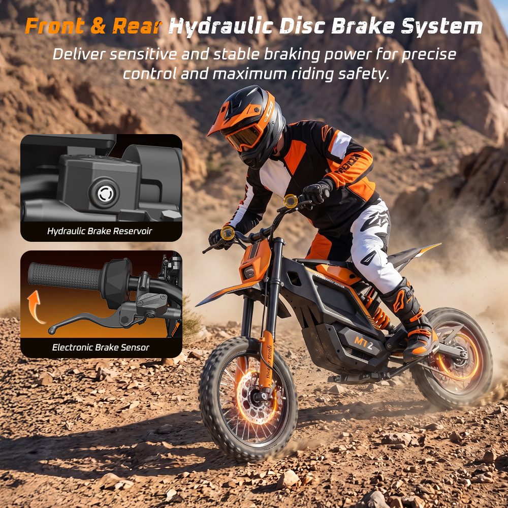 MT2 Electric Motorcycle, 3000W Peak Motor, 48V 22.5Ah Removable Battery, 220N·m Torque, 60km/h Max Speed, Up to 72km Range, 58% Climbing Grade, Dual Hydraulic Disc Brakes, Front & Rear Hydraulic Suspension, NFC Unlock - Orange