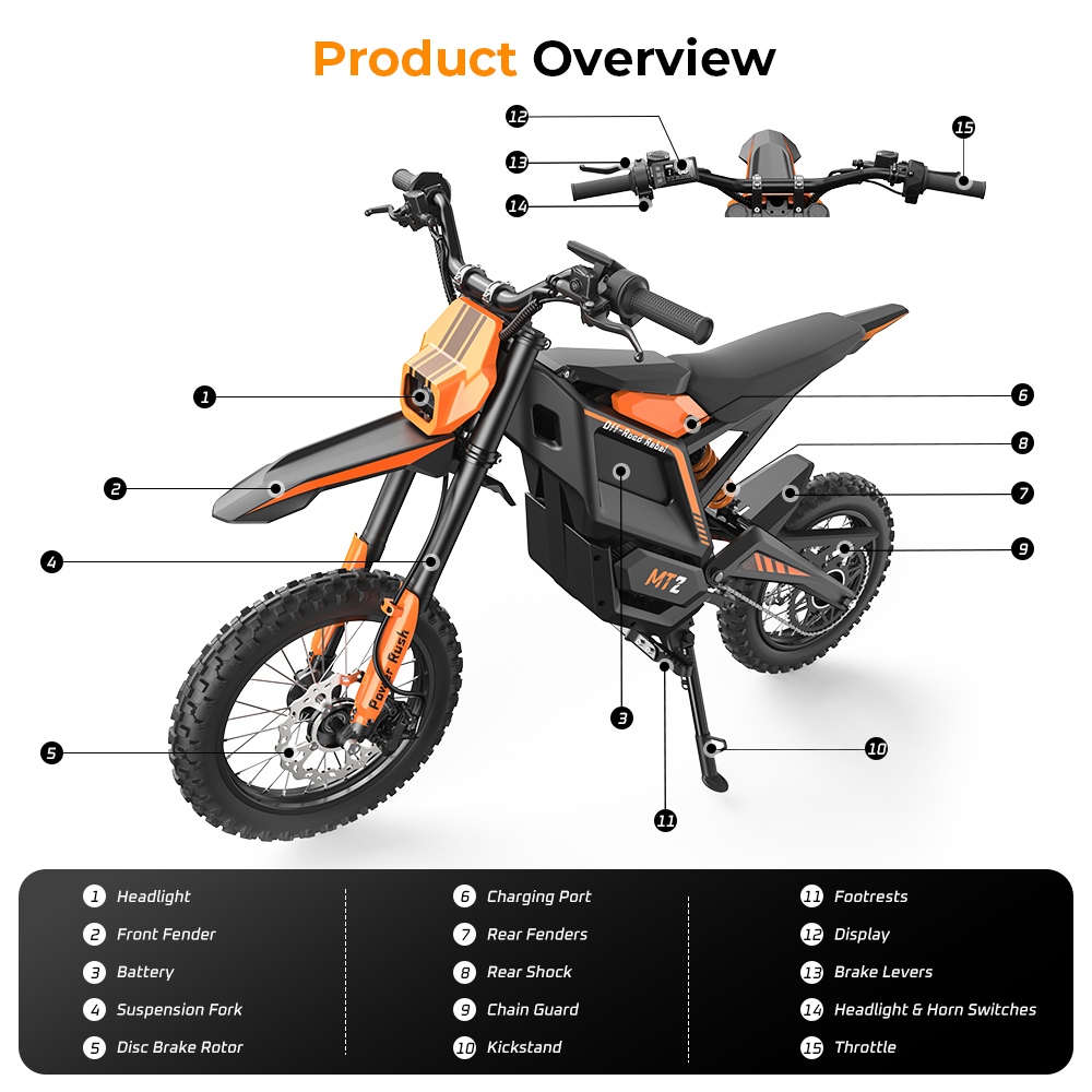 MT2 Electric Motorcycle, 3000W Peak Motor, 48V 22.5Ah Removable Battery, 220N·m Torque, 60km/h Max Speed, Up to 72km Range, 58% Climbing Grade, Dual Hydraulic Disc Brakes, Front & Rear Hydraulic Suspension, NFC Unlock - Orange