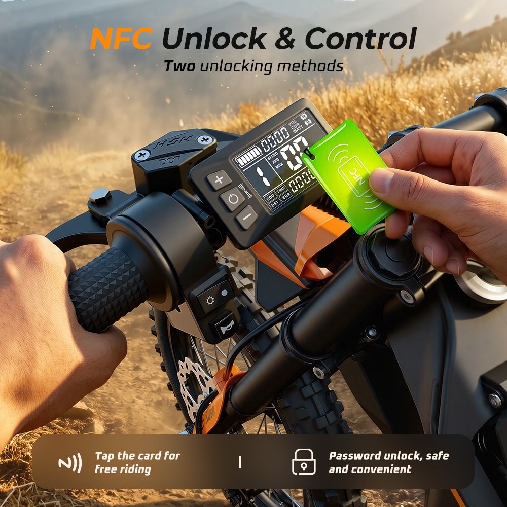 MT2 Electric Motorcycle, 3000W Peak Motor, 48V 22.5Ah Removable Battery, 220N·m Torque, 60km/h Max Speed, Up to 72km Range, 58% Climbing Grade, Dual Hydraulic Disc Brakes, Front & Rear Hydraulic Suspension, NFC Unlock - Orange
